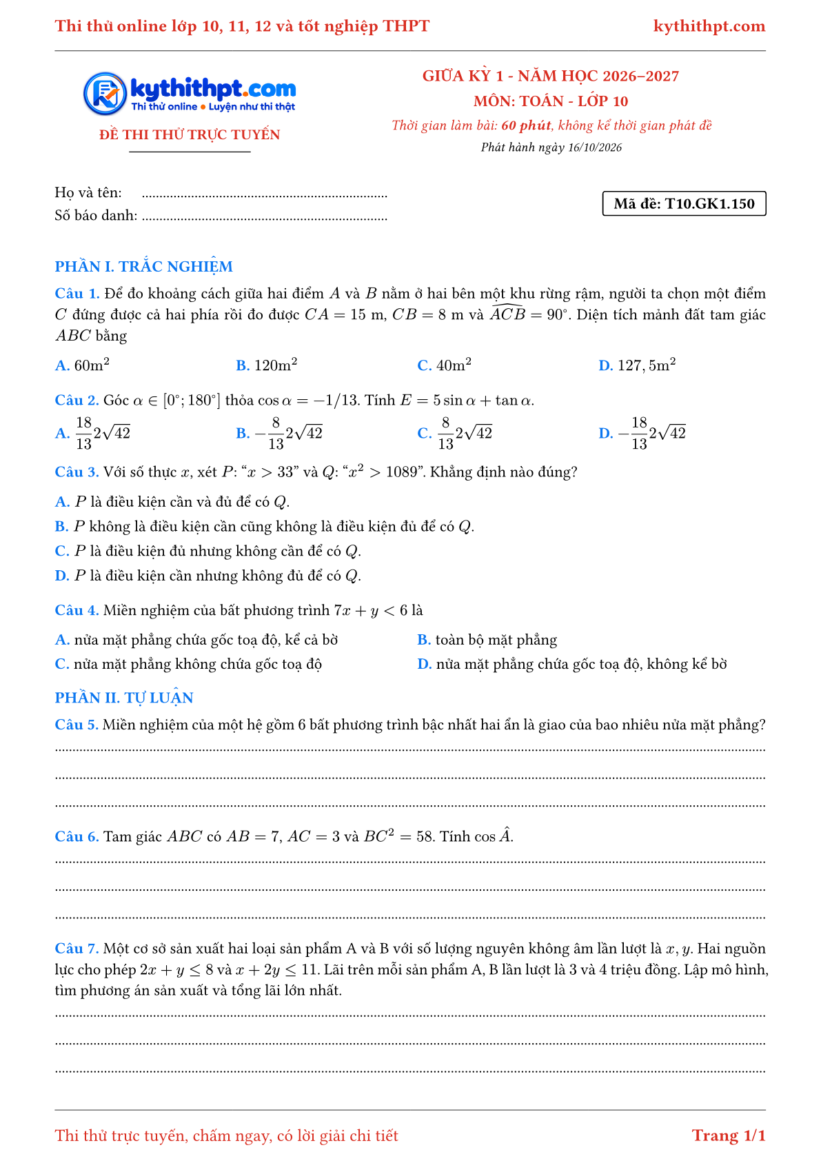 Trang đầu Đề thi thử online giữa kỳ 1 môn Toán lớp 10 - trắc nghiệm + tự luận nâng cao - đề 150