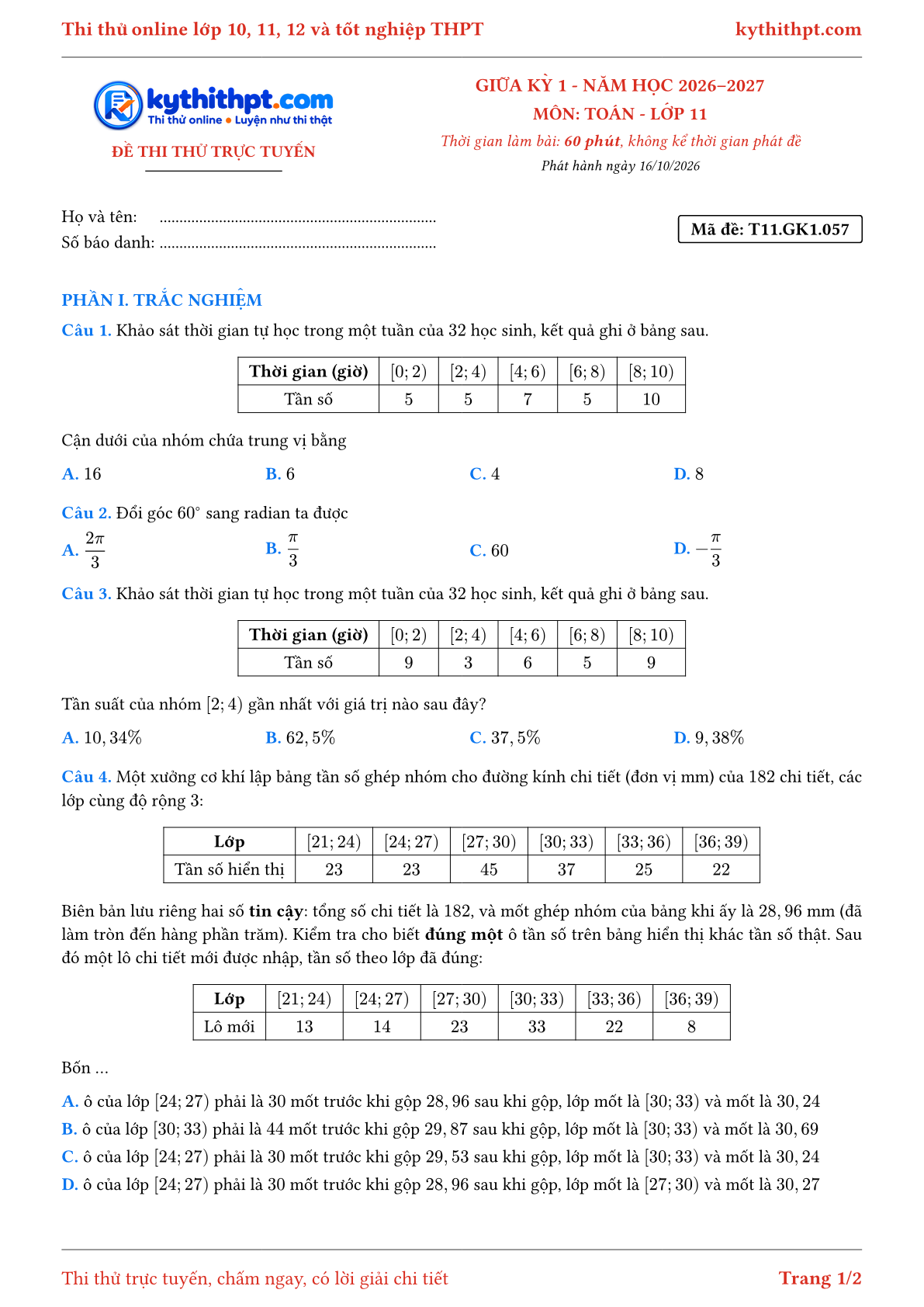 Trang đầu Đề thi thử online giữa kỳ 1 môn Toán lớp 11 - trắc nghiệm + trả lời ngắn + tự luận - đề 057