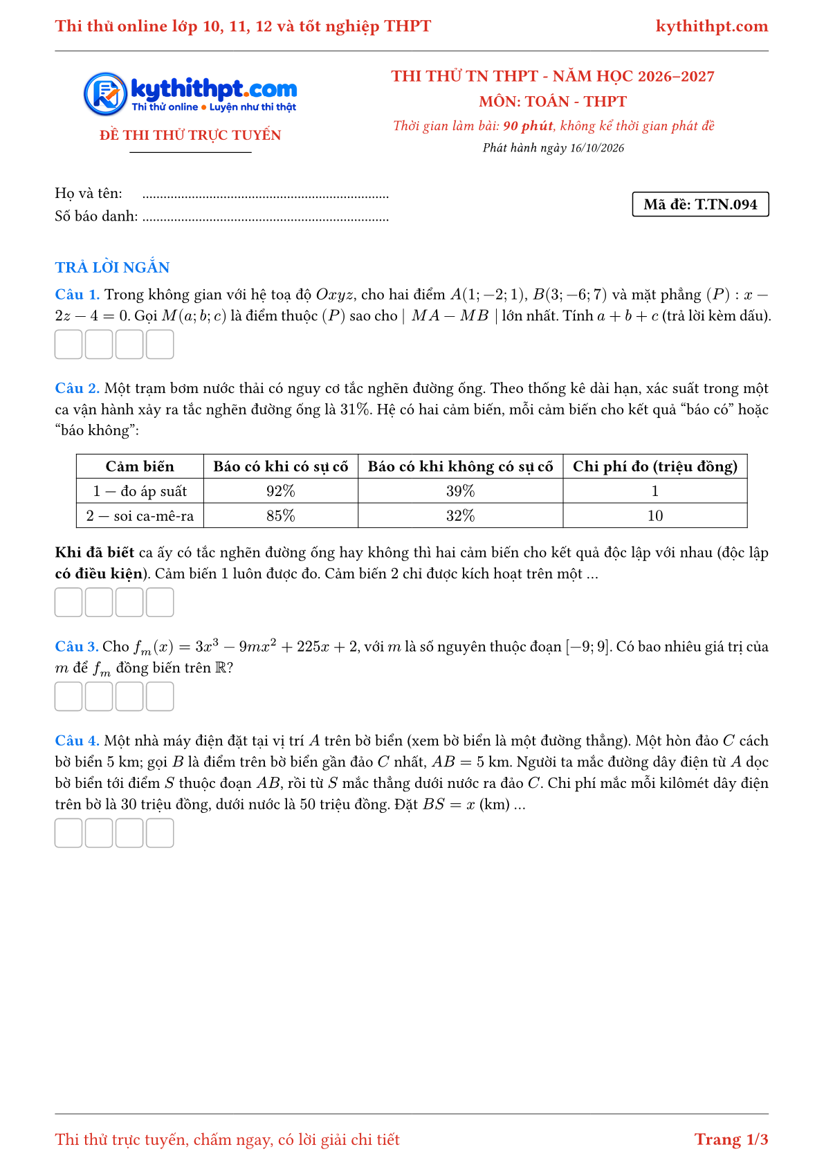 Trang đầu Đề thi thử online tốt nghiệp THPT môn Toán - ôn luyện trả lời ngắn - đề 094
