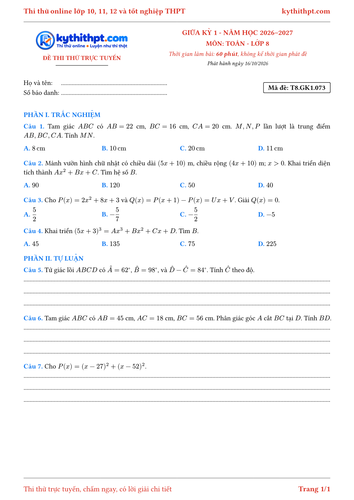 Trang đầu Đề thi thử online giữa kỳ 1 môn Toán lớp 8 - trắc nghiệm + tự luận nâng cao - đề 073