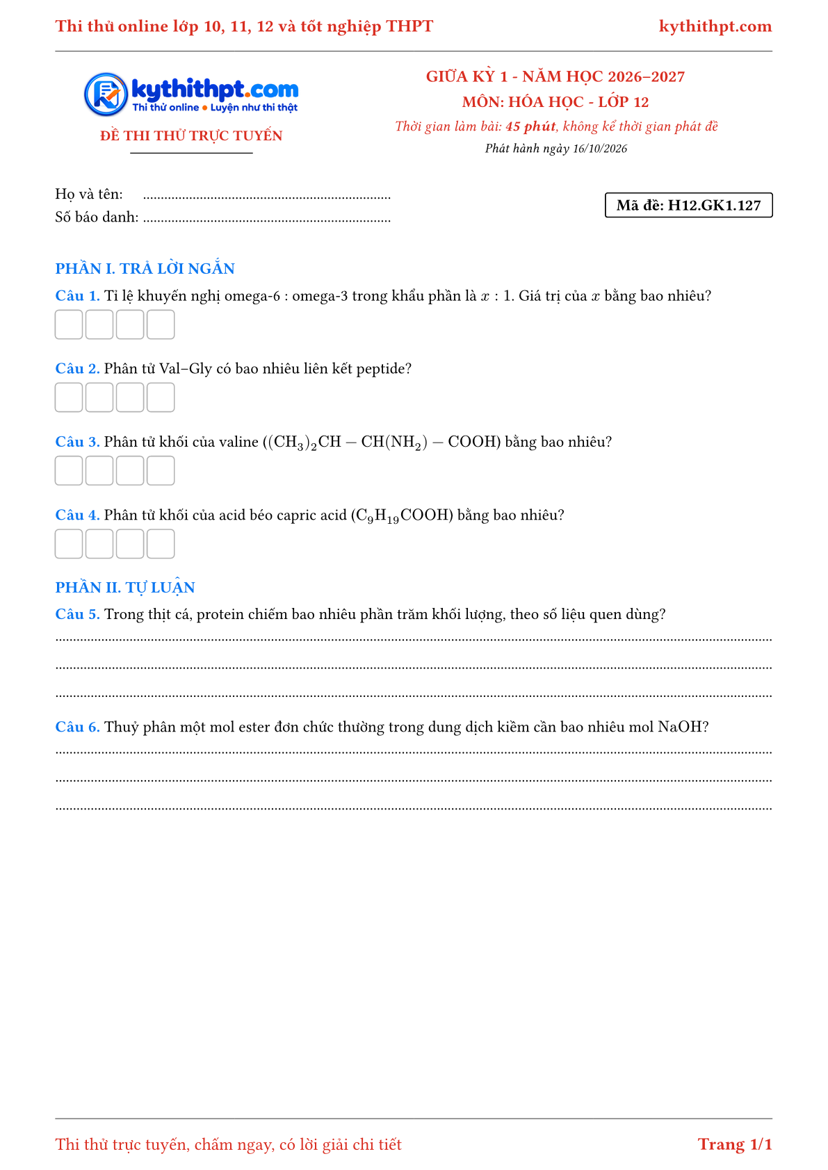 Trang đầu Đề thi thử online giữa kỳ 1 môn Hóa học lớp 12 - trả lời ngắn + tự luận - đề 127