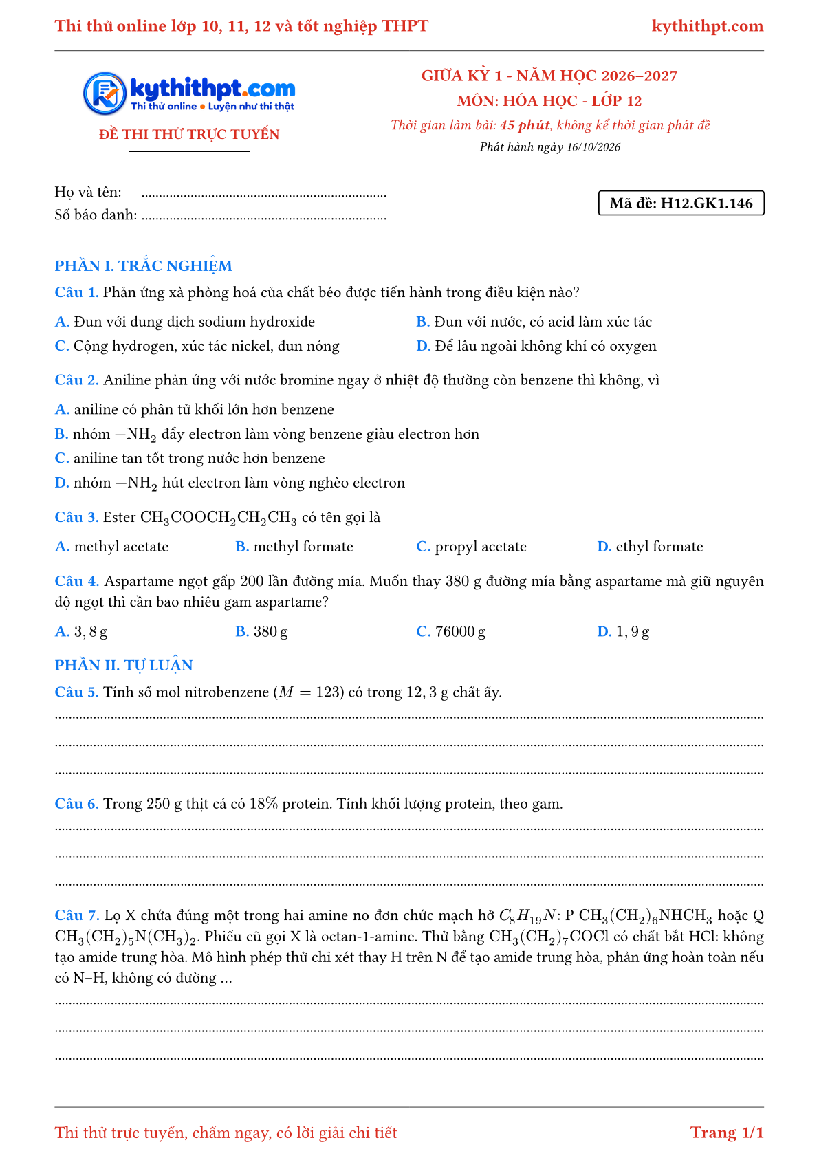 Trang đầu Đề thi thử online giữa kỳ 1 môn Hóa học lớp 12 - trắc nghiệm + tự luận nâng cao - đề 146