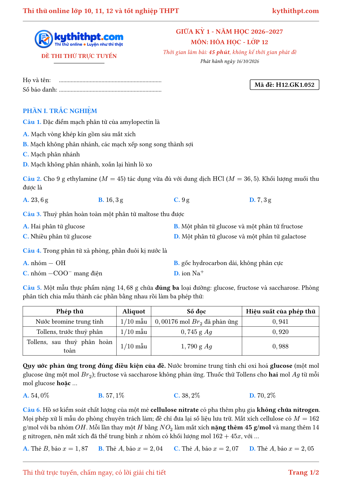 Trang đầu Đề thi thử online giữa kỳ 1 môn Hóa học lớp 12 - trắc nghiệm + trả lời ngắn - đề 052