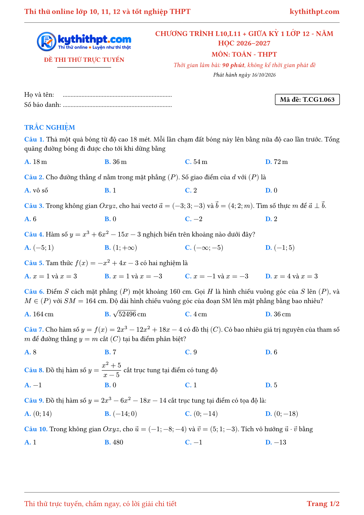 Trang đầu Đề thi thử online môn Toán theo chương trình lớp 10, 11 và giữa kỳ 1 lớp 12 - ôn luyện trắc nghiệm - đề 063