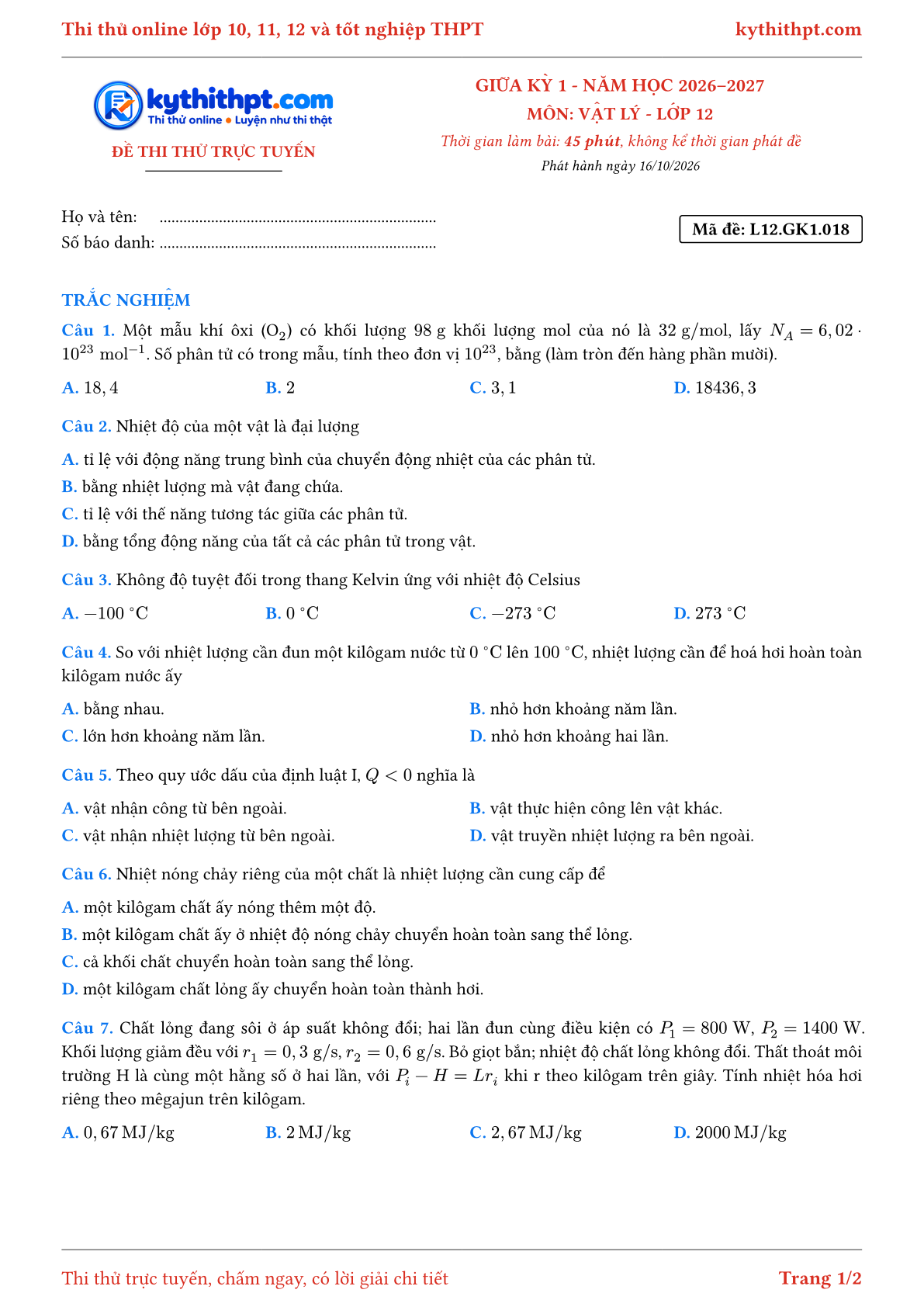 Trang đầu Đề thi thử online giữa kỳ 1 môn Vật lý lớp 12 - full trắc nghiệm - đề 018