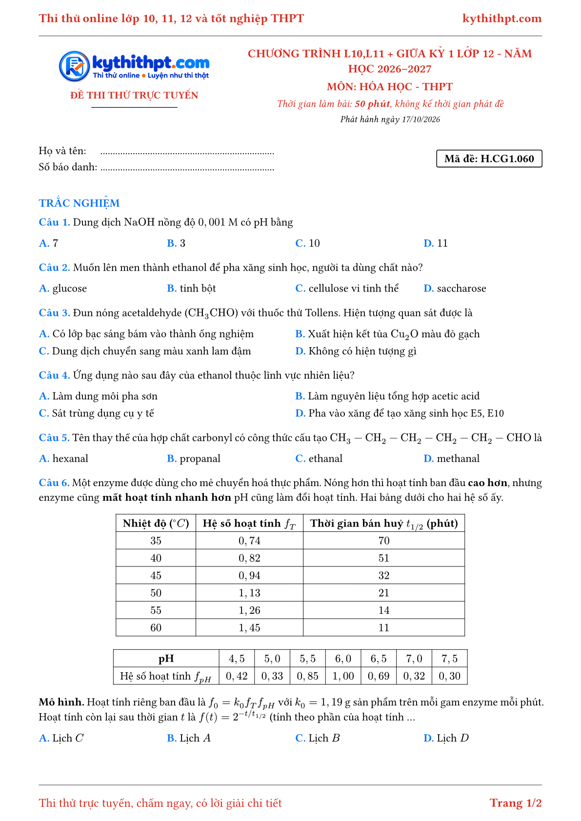 Trang đầu Đề thi thử online môn Hóa học theo chương trình lớp 10, 11 và giữa kỳ 1 lớp 12 - ôn luyện trắc nghiệm - đề 060