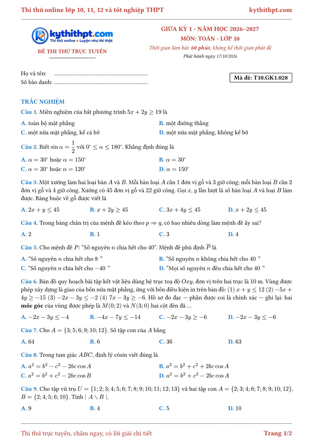 Trang đầu Đề thi thử online giữa kỳ 1 môn Toán lớp 10 - full trắc nghiệm - đề 028
