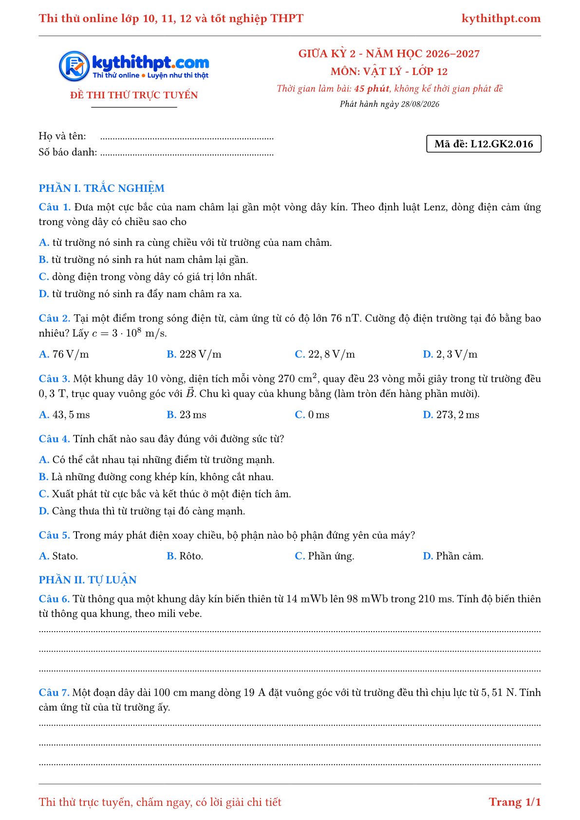 Trang đầu Đề thi thử online giữa kỳ 2 môn Vật lý lớp 12 - trắc nghiệm + tự luận - đề 016