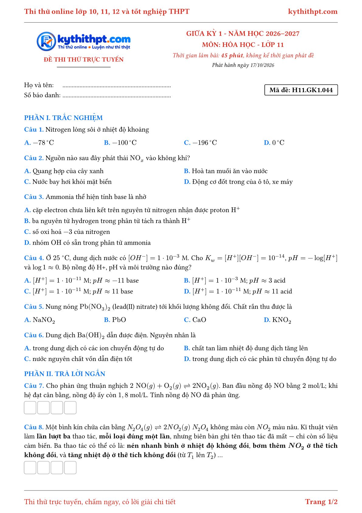 Trang đầu Đề thi thử online giữa kỳ 1 môn Hóa học lớp 11 - trắc nghiệm + trả lời ngắn - đề 044