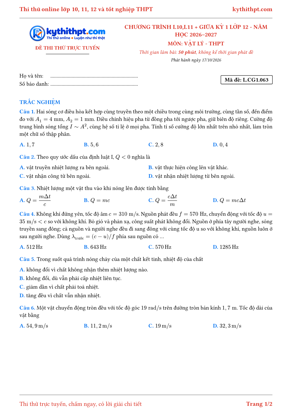 Trang đầu Đề thi thử online môn Vật lý theo chương trình lớp 10, 11 và giữa kỳ 1 lớp 12 - ôn luyện trắc nghiệm - đề 063