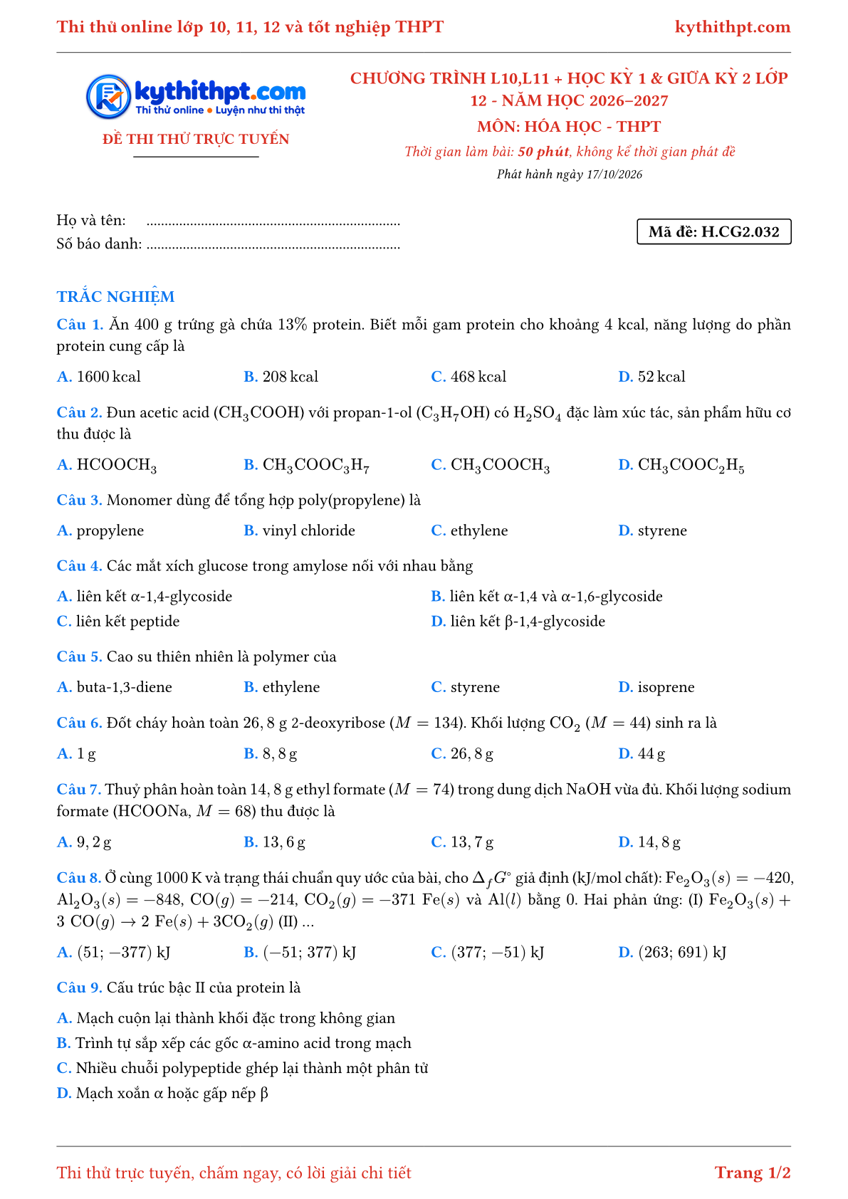 Trang đầu Đề thi thử online môn Hóa học theo chương trình lớp 10, 11 và học kỳ 1, giữa kỳ 2 lớp 12 - ôn luyện trắc nghiệm - đề 032