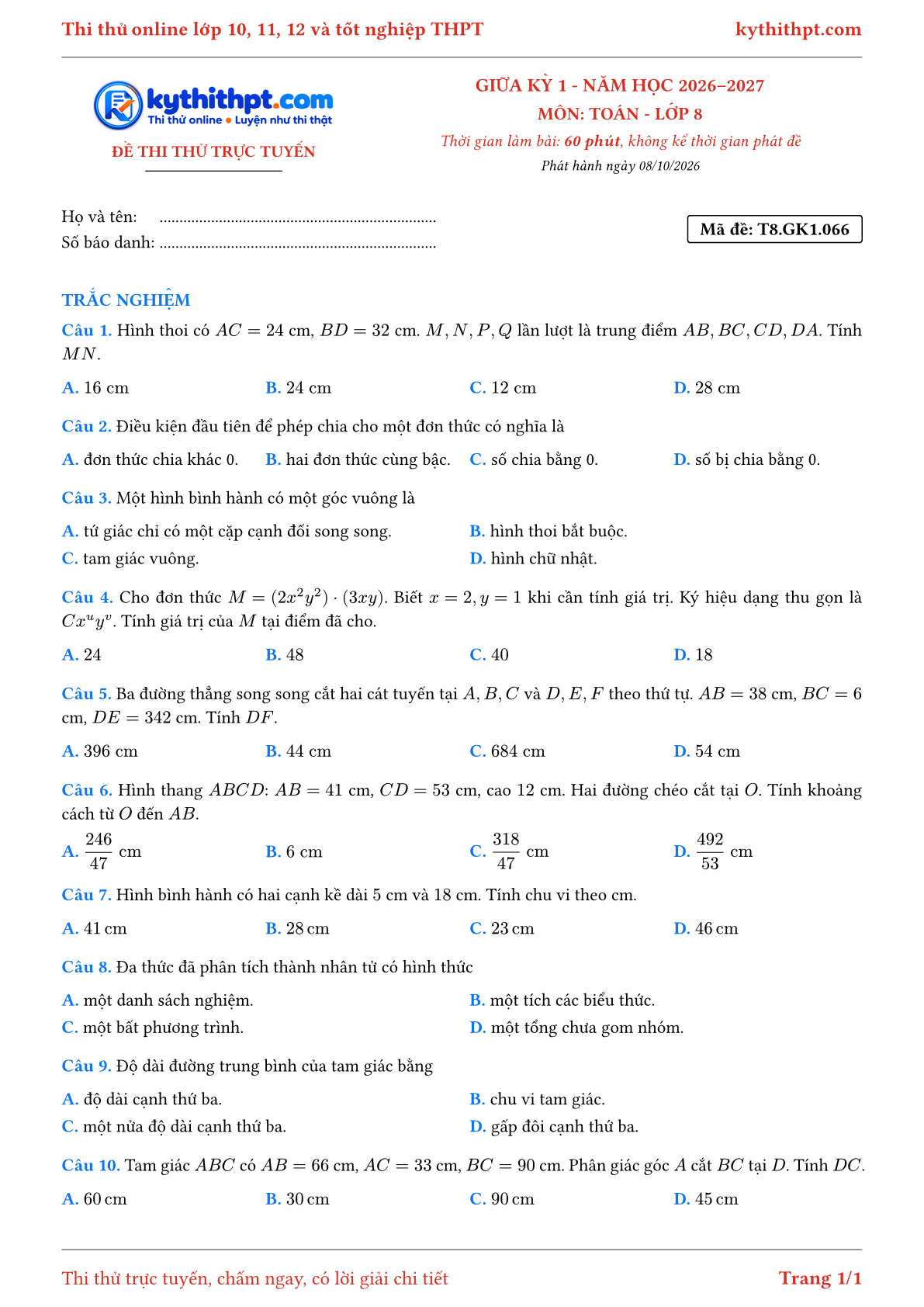 Trang đầu Đề thi thử online giữa kỳ 1 môn Toán lớp 8 - full trắc nghiệm - đề 008