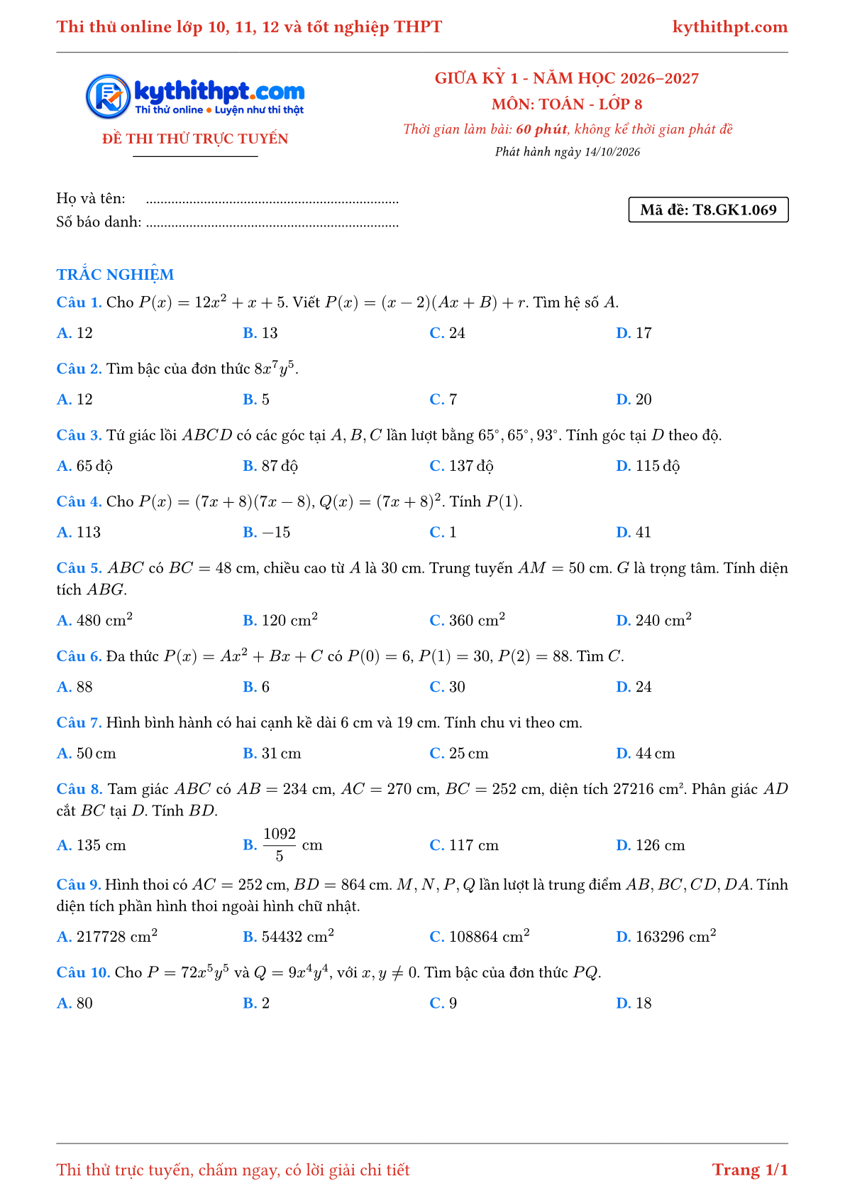 Trang đầu Đề thi thử online giữa kỳ 1 môn Toán lớp 8 - full trắc nghiệm - đề 011