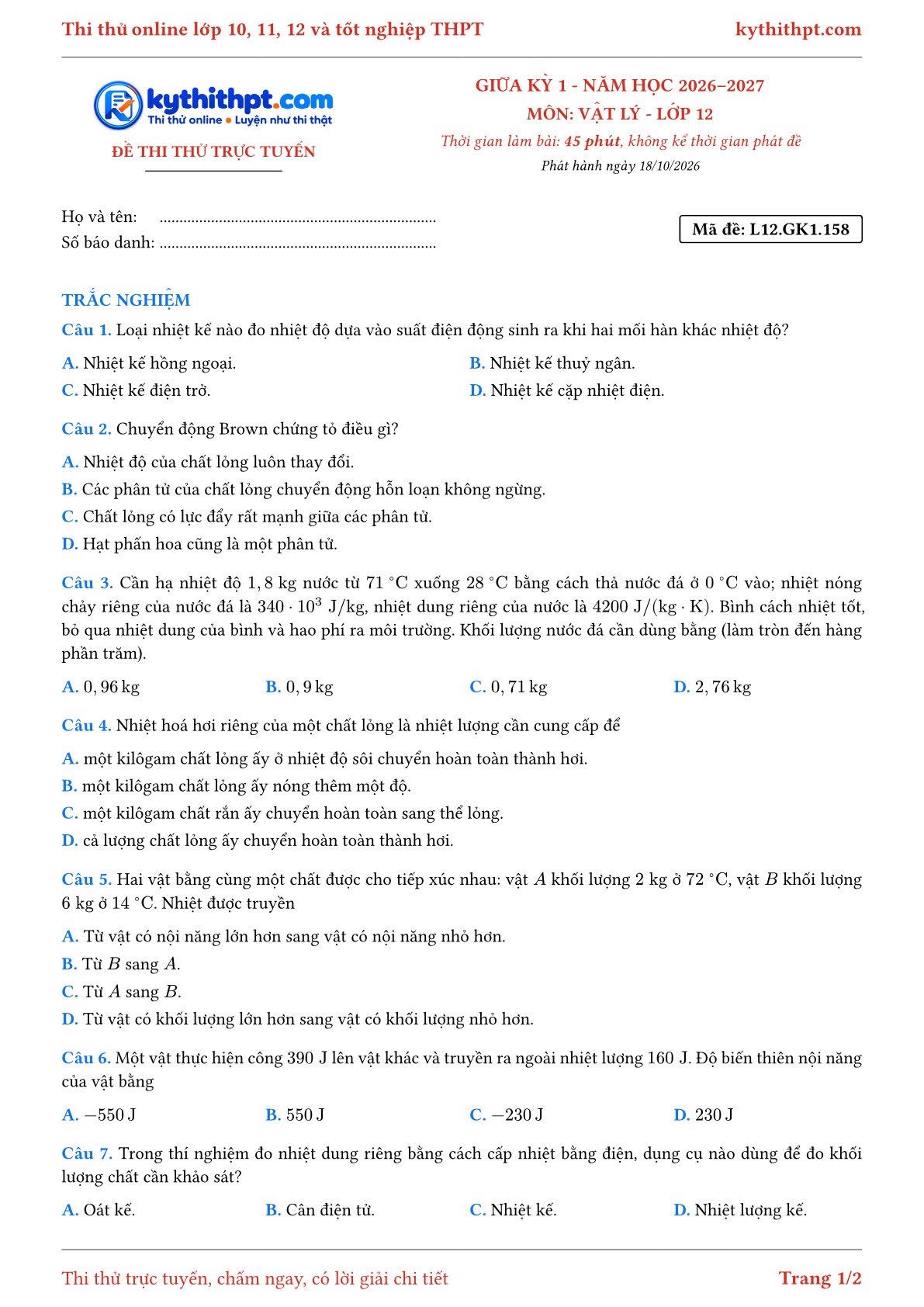 Trang đầu Đề thi thử online giữa kỳ 1 môn Vật lý lớp 12 - full trắc nghiệm - đề 019