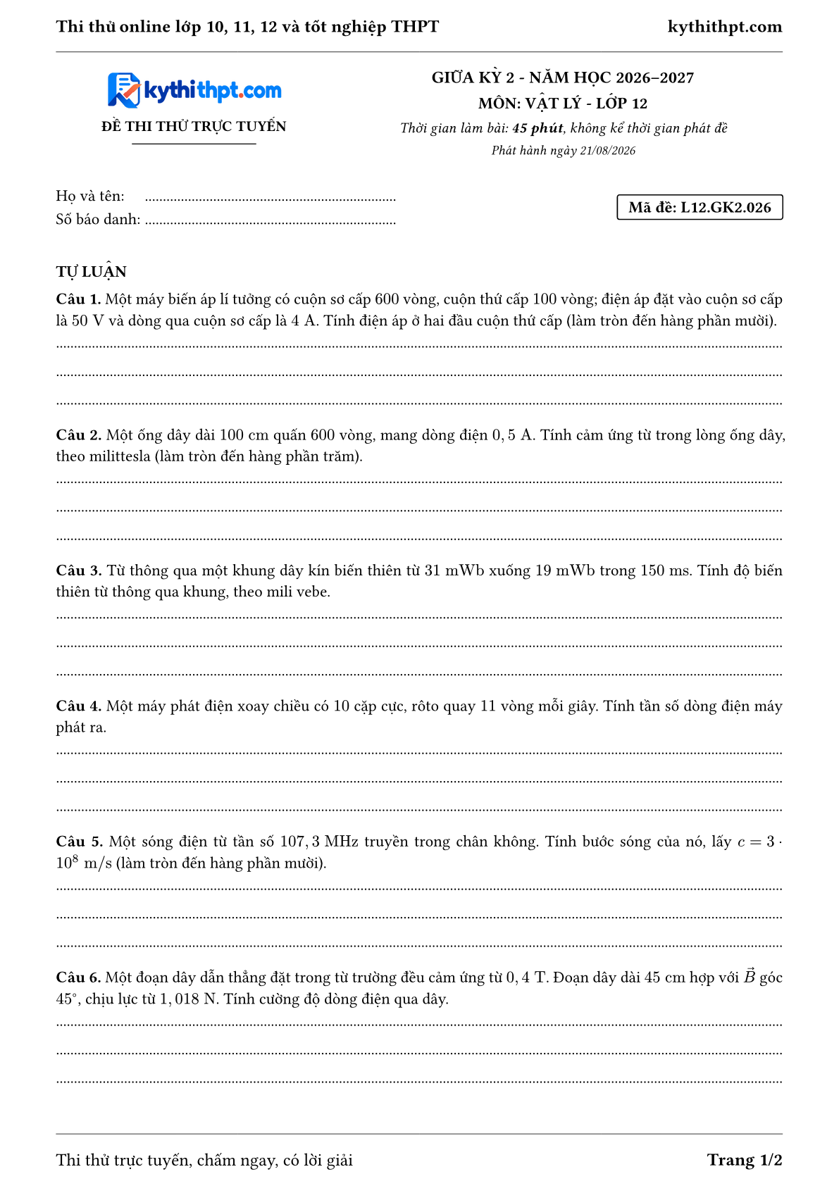 Trang đầu Đề thi thử online giữa kỳ 2 môn Vật lý lớp 12 - full tự luận - đề 026