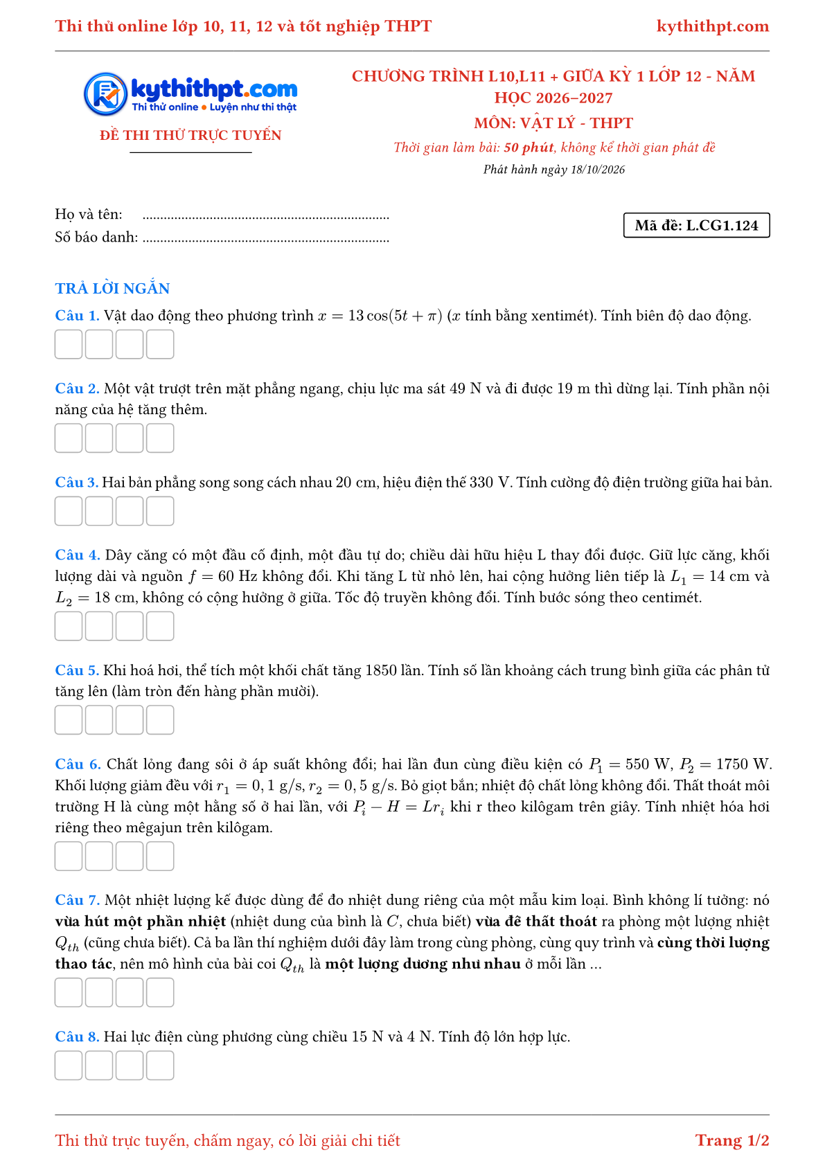 Trang đầu Đề thi thử online môn Vật lý theo chương trình lớp 10, 11 và giữa kỳ 1 lớp 12 - ôn luyện trả lời ngắn - đề 125