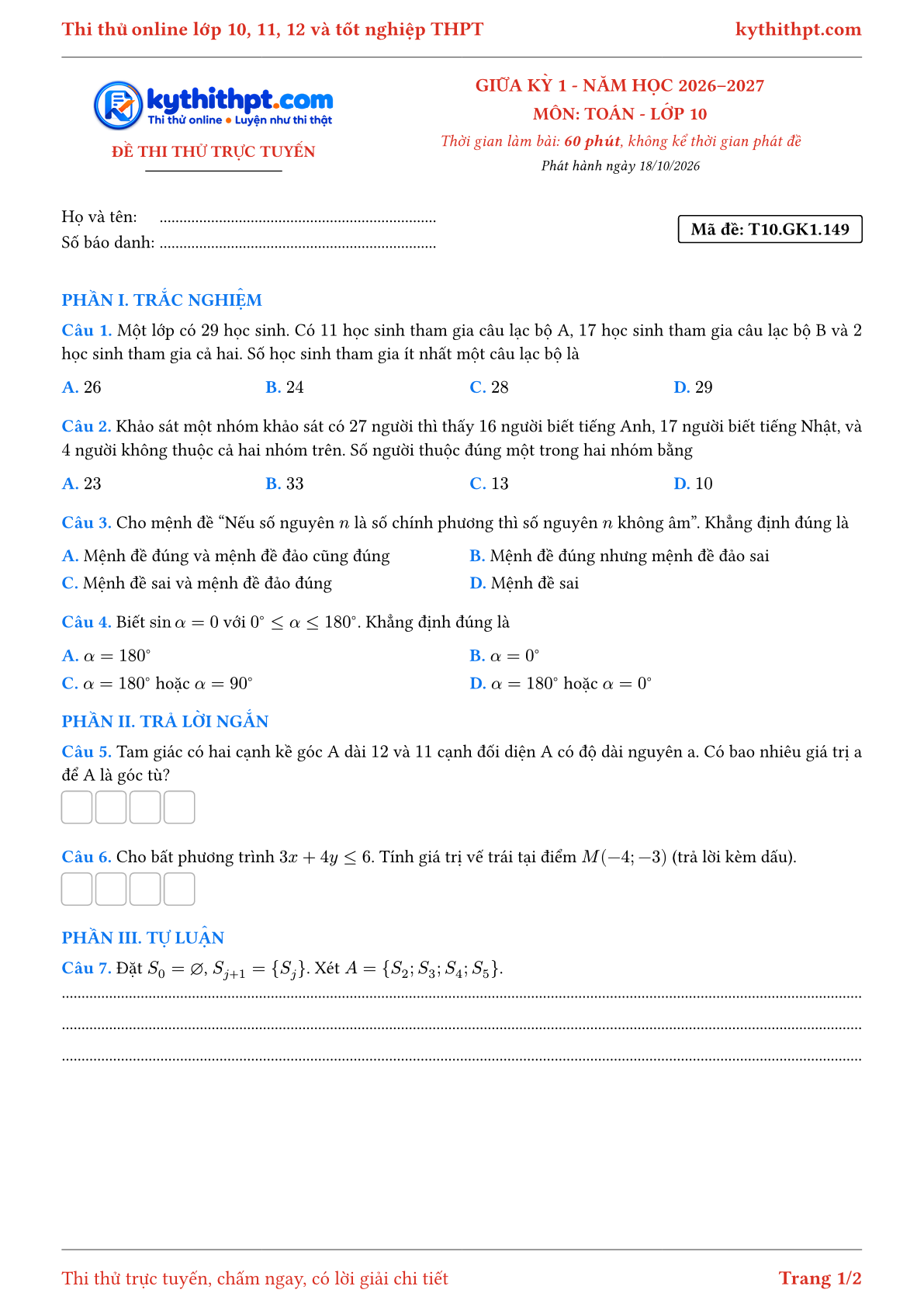 Trang đầu Đề thi thử online giữa kỳ 1 môn Toán lớp 10 - trắc nghiệm + trả lời ngắn + tự luận - đề 047