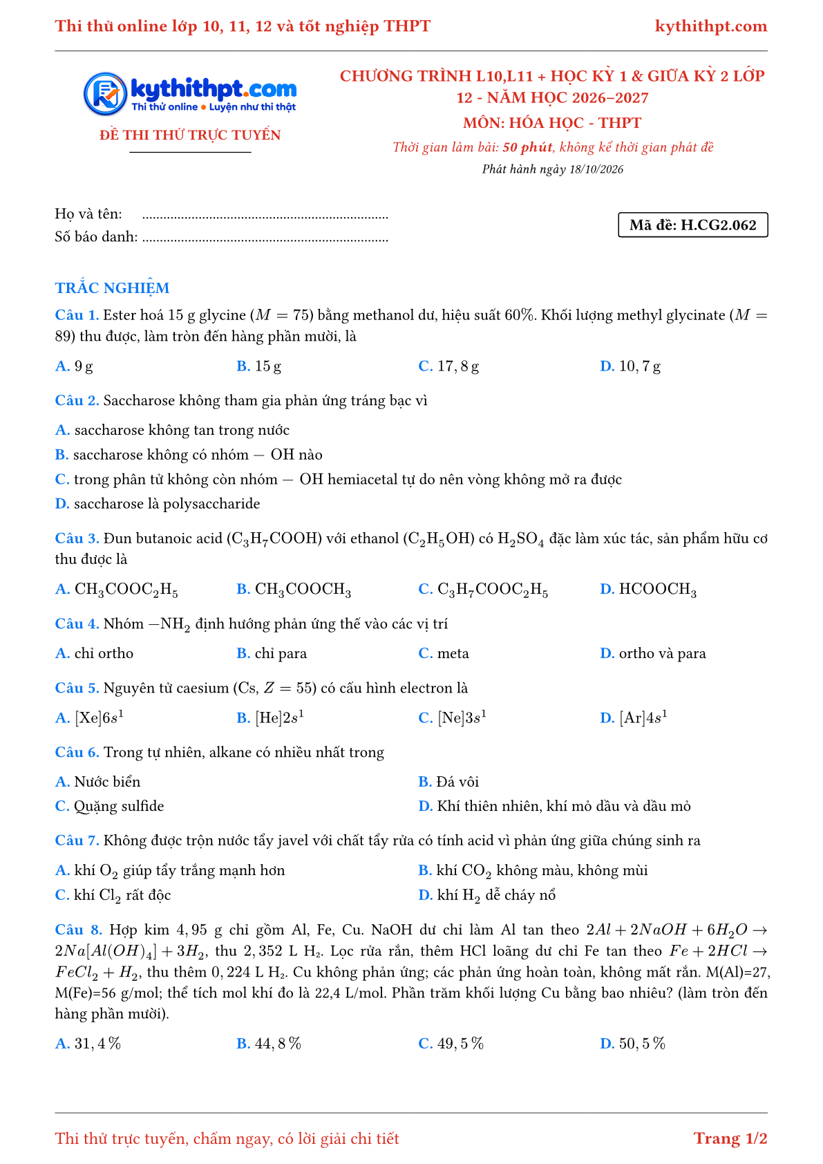 Trang đầu Đề thi thử online môn Hóa học theo chương trình lớp 10, 11 và học kỳ 1, giữa kỳ 2 lớp 12 - chuẩn cấu trúc tốt nghiệp - đề 016