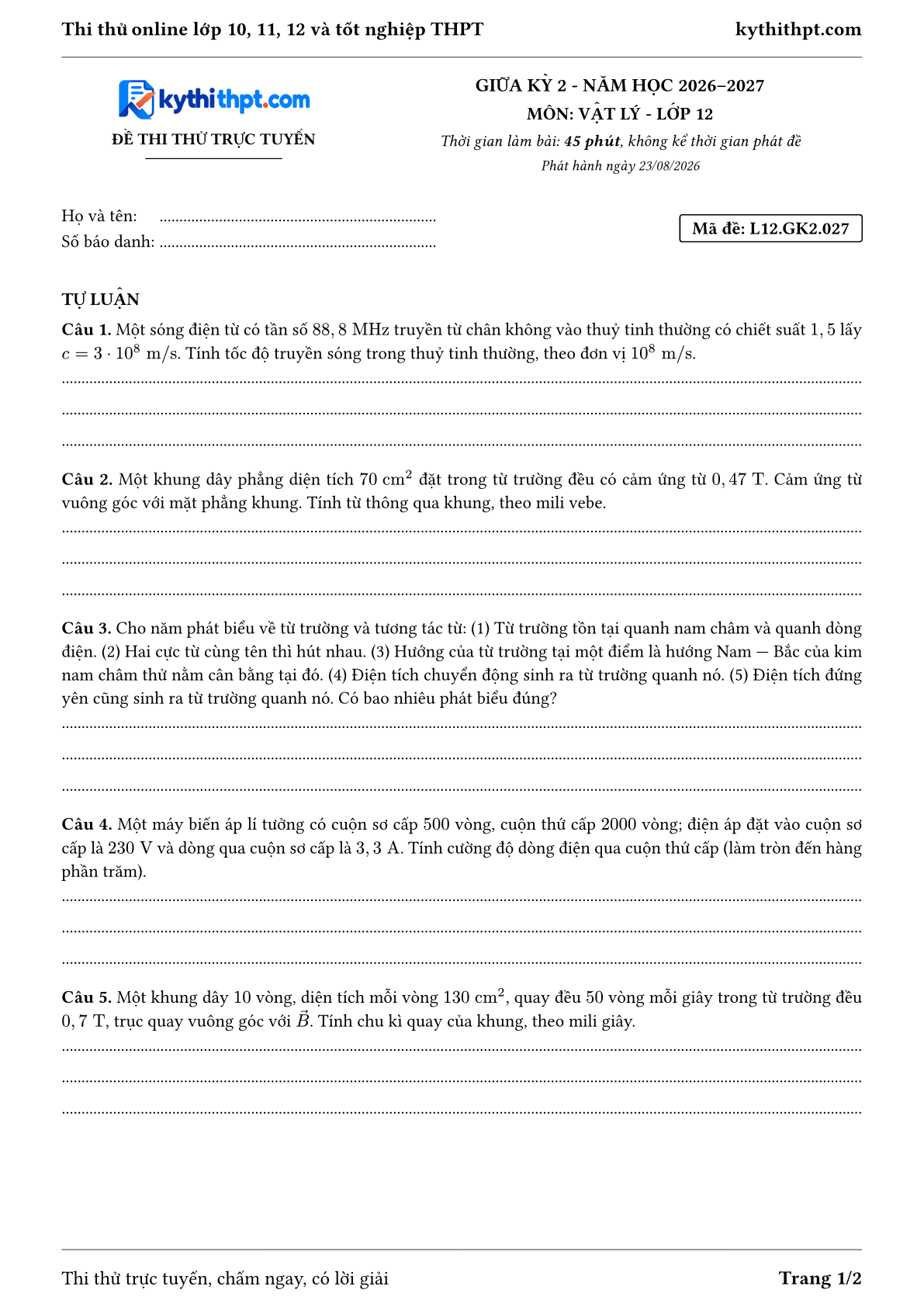 Trang đầu Đề thi thử online giữa kỳ 2 môn Vật lý lớp 12 - full tự luận - đề 027