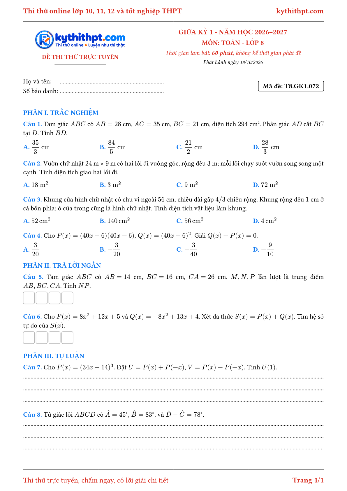 Trang đầu Đề thi thử online giữa kỳ 1 môn Toán lớp 8 - trắc nghiệm + trả lời ngắn + tự luận - đề 049
