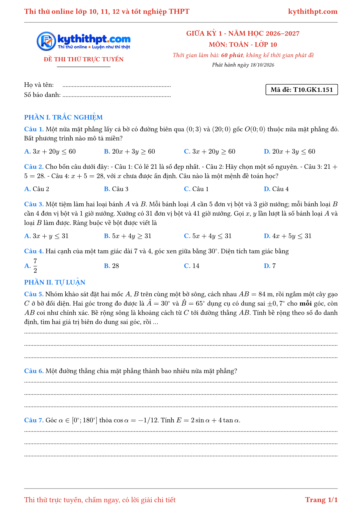 Trang đầu Đề thi thử online giữa kỳ 1 môn Toán lớp 10 - trắc nghiệm + tự luận nâng cao - đề 151