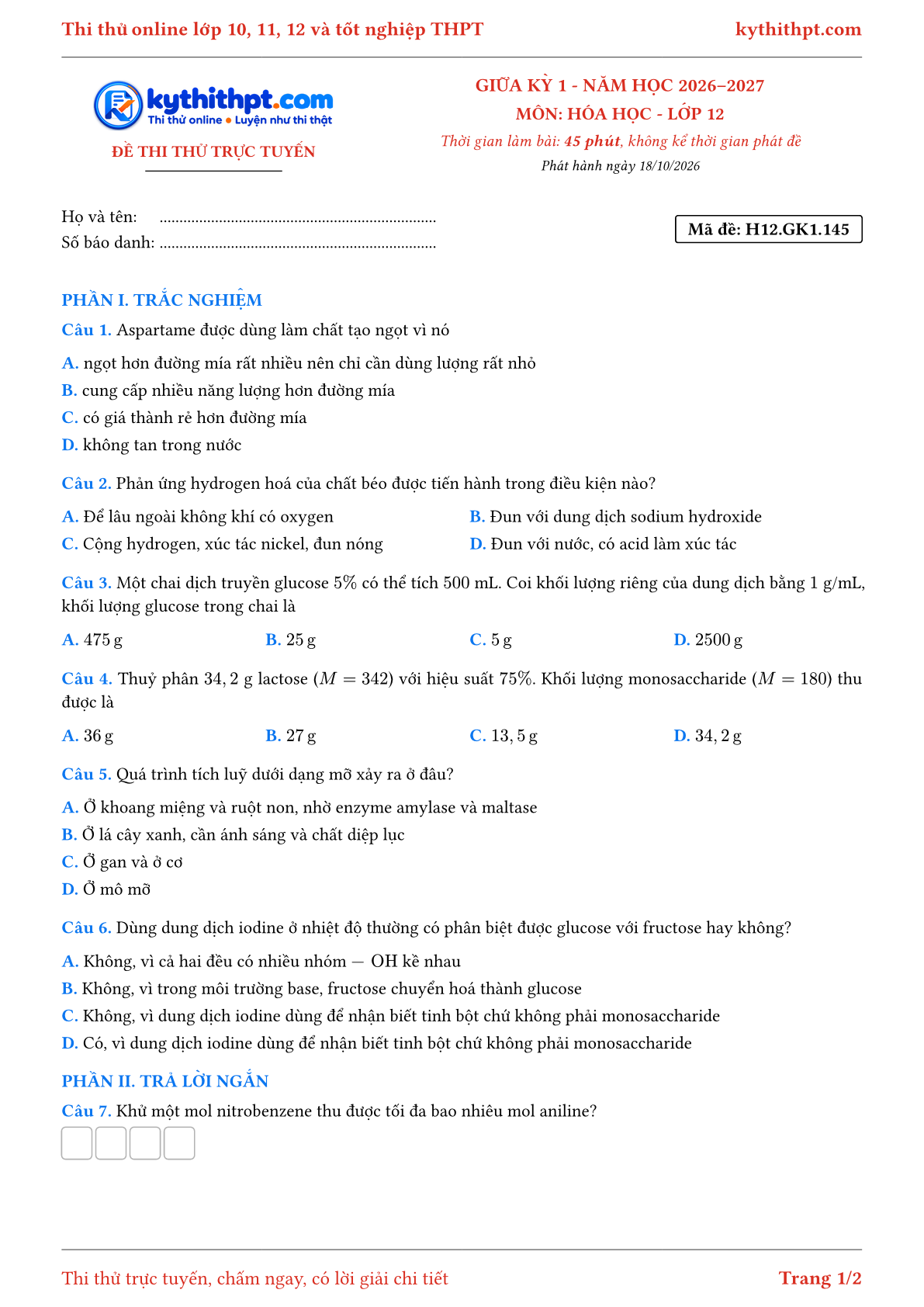 Trang đầu Đề thi thử online giữa kỳ 1 môn Hóa học lớp 12 - trắc nghiệm + trả lời ngắn - đề 053