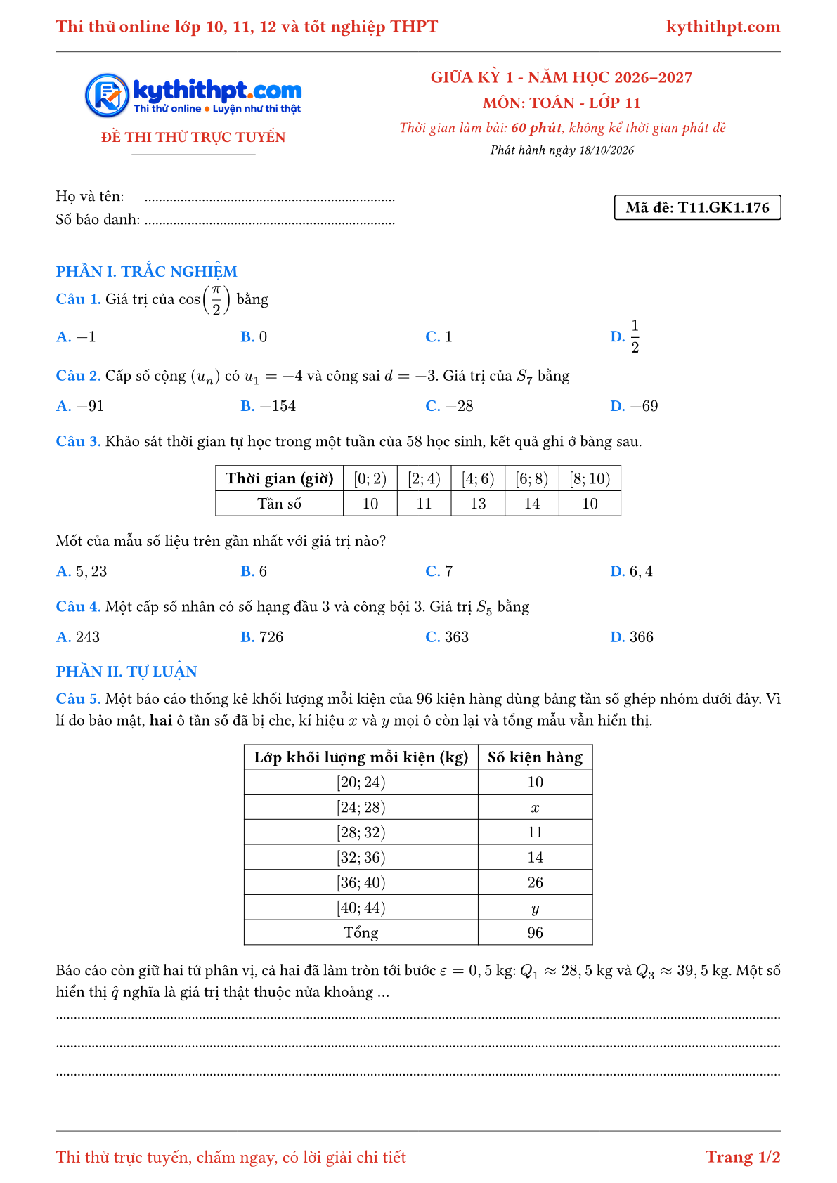 Trang đầu Đề thi thử online giữa kỳ 1 môn Toán lớp 11 - trắc nghiệm + tự luận nâng cao - đề 176