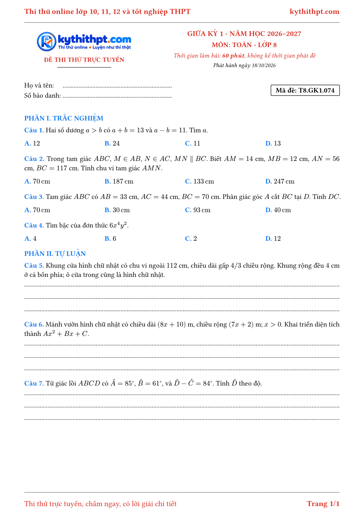 Trang đầu Đề thi thử online giữa kỳ 1 môn Toán lớp 8 - trắc nghiệm + tự luận nâng cao - đề 074