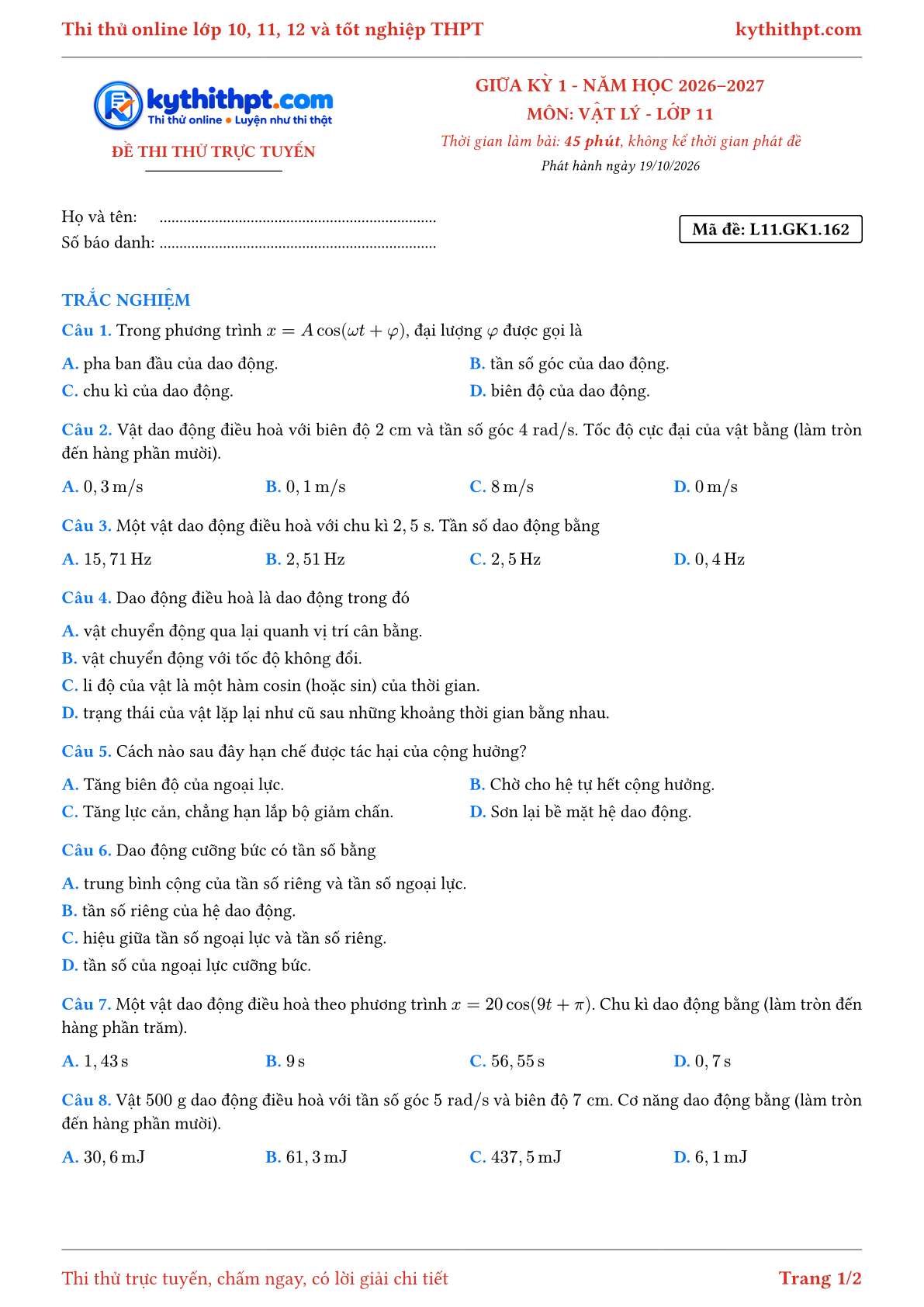 Trang đầu Đề thi thử online giữa kỳ 1 môn Vật lý lớp 11 - full trắc nghiệm - đề 031
