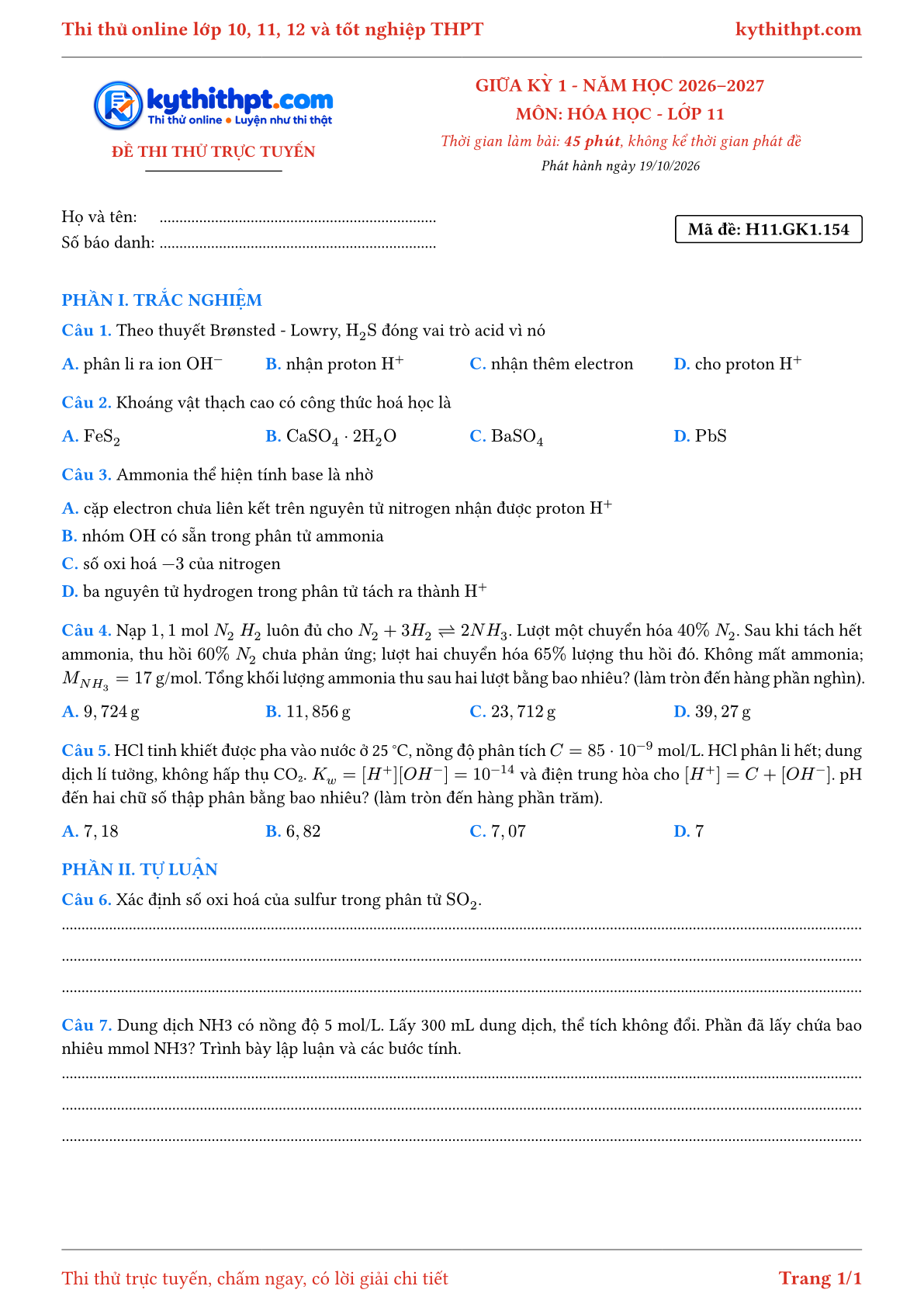 Trang đầu Đề thi thử online giữa kỳ 1 môn Hóa học lớp 11 - trắc nghiệm + tự luận - đề 154