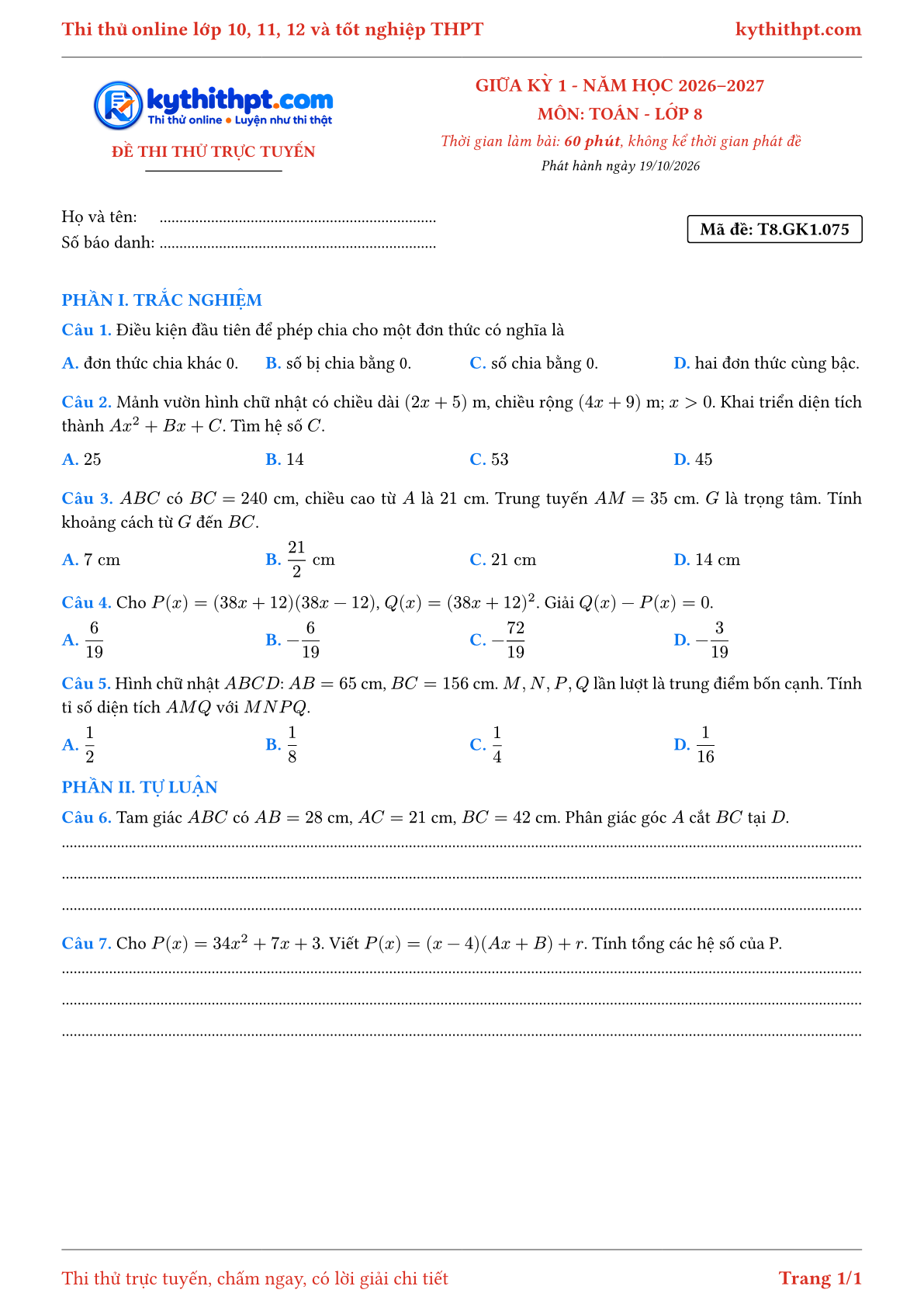Trang đầu Đề thi thử online giữa kỳ 1 môn Toán lớp 8 - trắc nghiệm + tự luận - đề 039