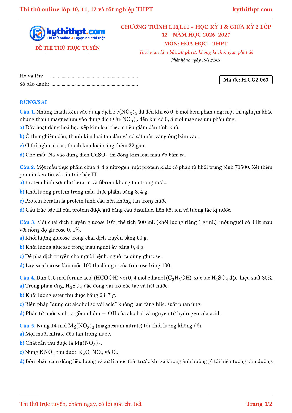 Trang đầu Đề thi thử online môn Hóa học theo chương trình lớp 10, 11 và học kỳ 1, giữa kỳ 2 lớp 12 - ôn luyện đúng/sai - đề 047