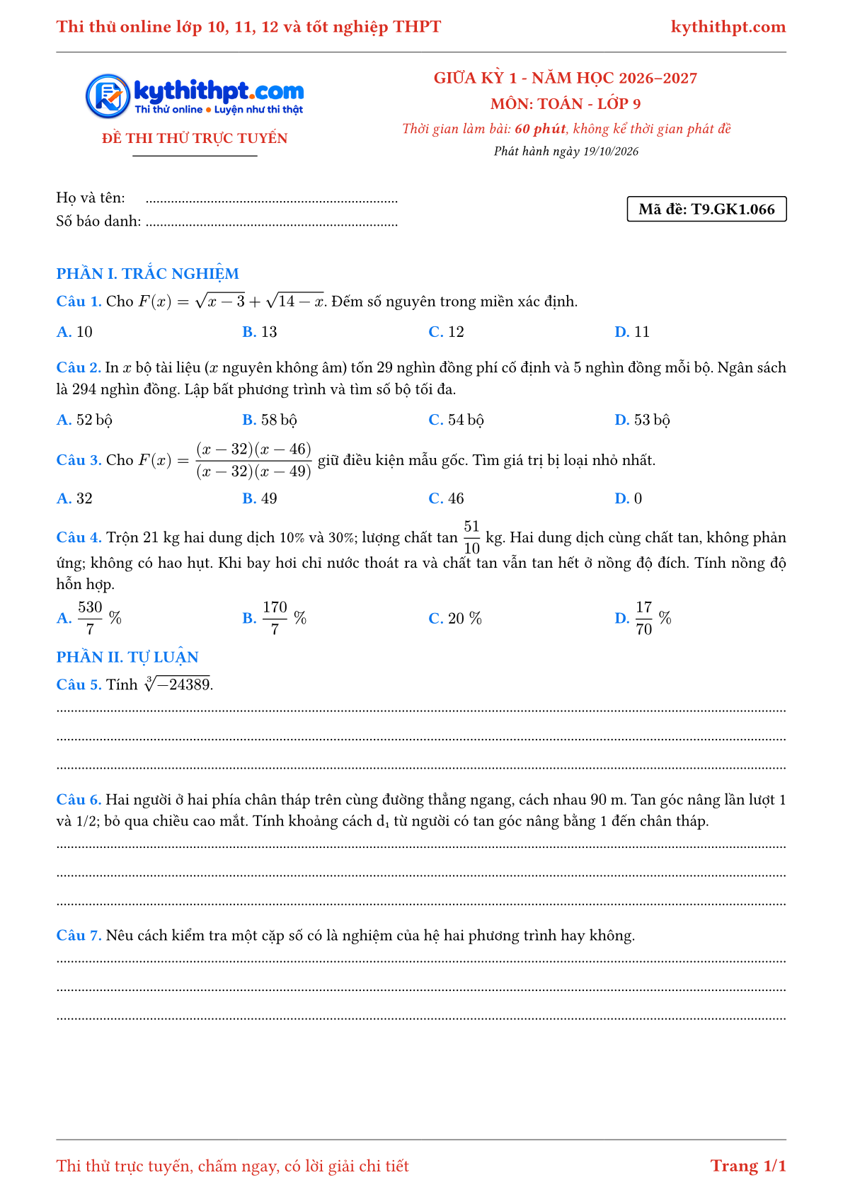 Trang đầu Đề thi thử online giữa kỳ 1 môn Toán lớp 9 - trắc nghiệm + tự luận nâng cao - đề 066