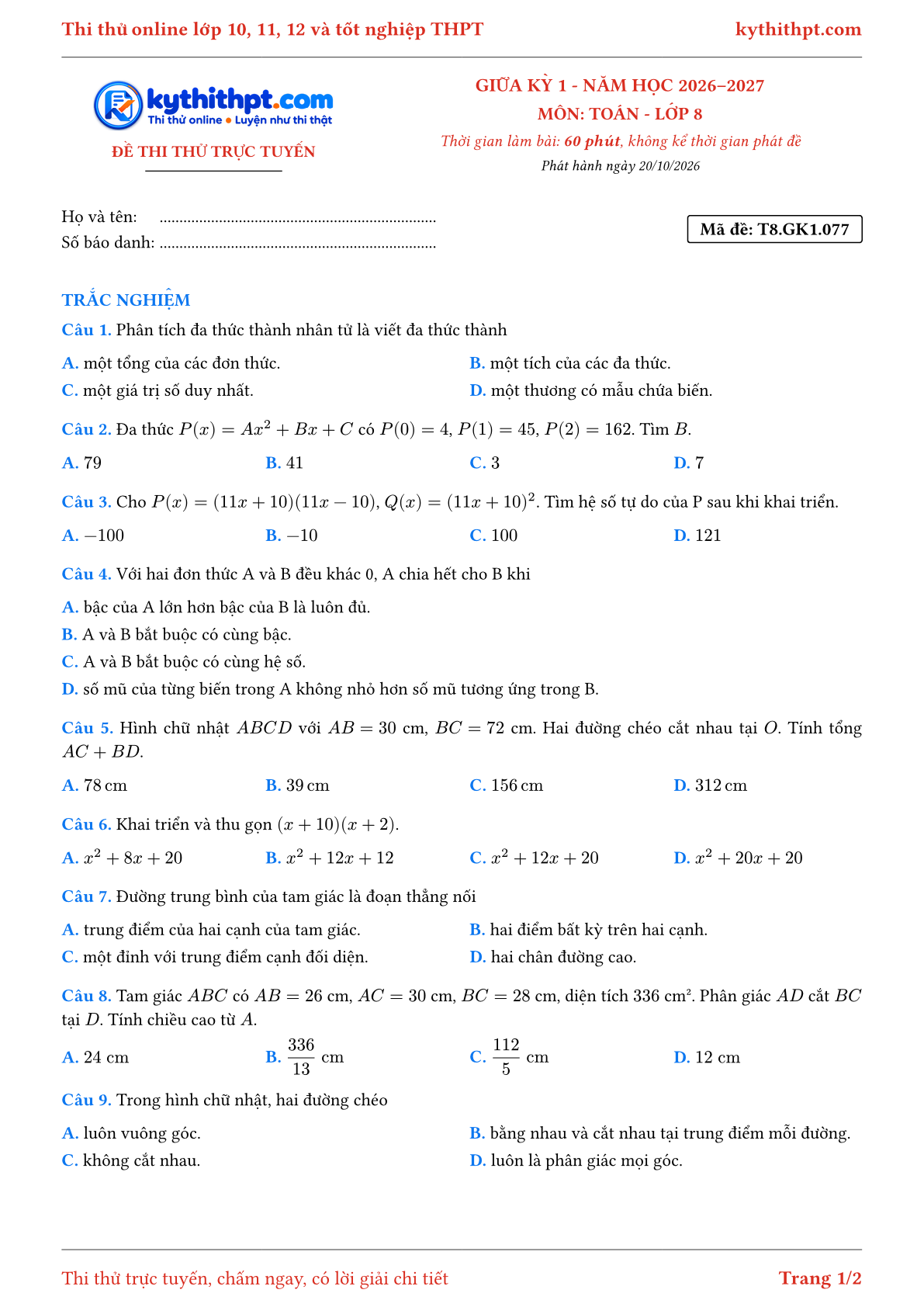 Trang đầu Đề thi thử online giữa kỳ 1 môn Toán lớp 8 - full trắc nghiệm - đề 077