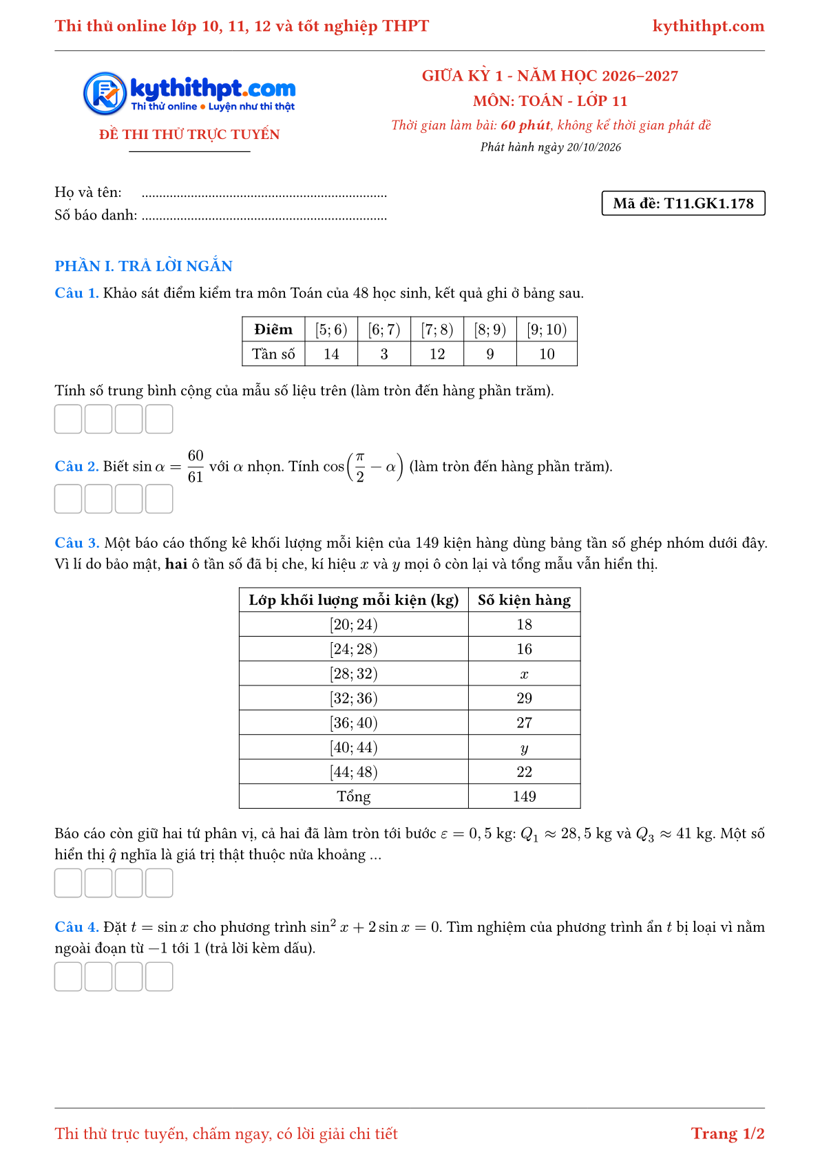 Trang đầu Đề thi thử online giữa kỳ 1 môn Toán lớp 11 - trả lời ngắn + tự luận - đề 148