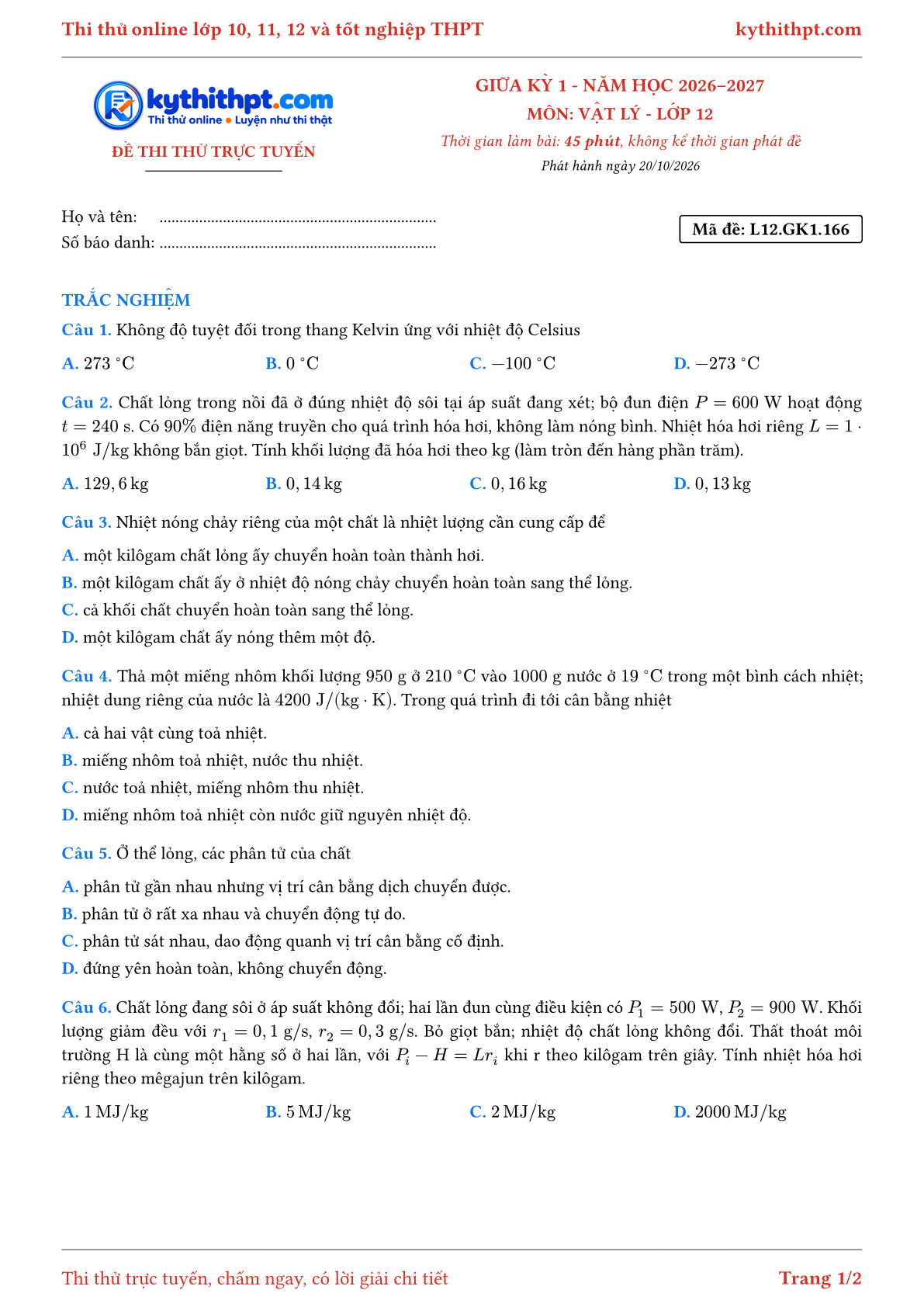 Trang đầu Đề thi thử online giữa kỳ 1 môn Vật lý lớp 12 - full trắc nghiệm - đề 020