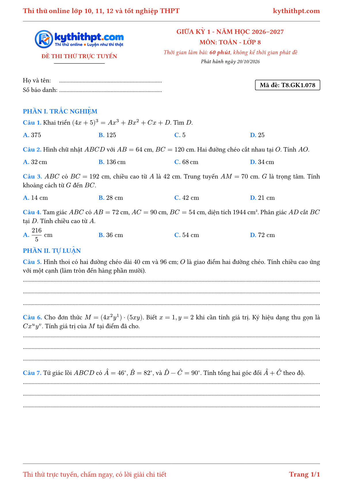 Trang đầu Đề thi thử online giữa kỳ 1 môn Toán lớp 8 - trắc nghiệm + tự luận nâng cao - đề 080