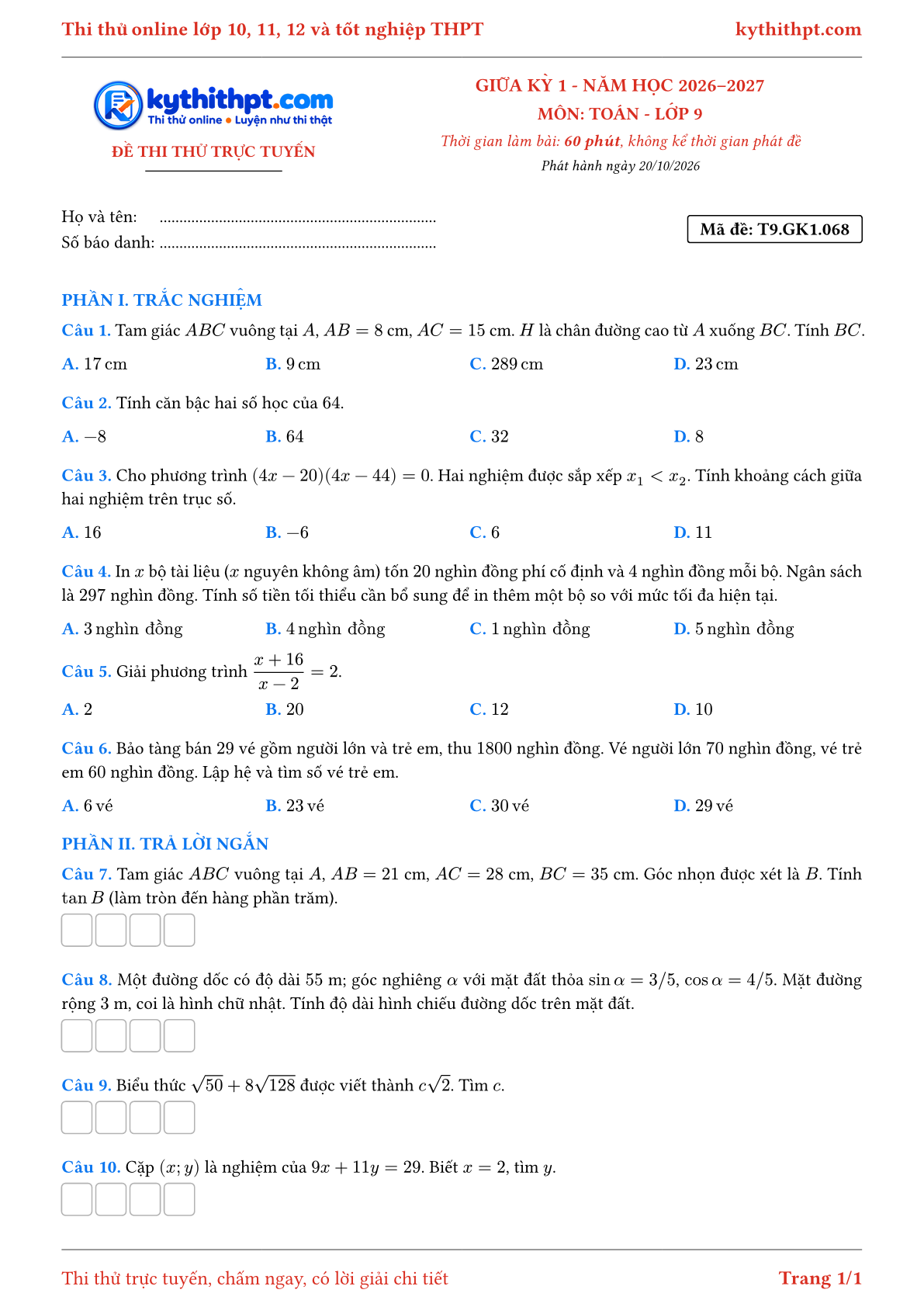Trang đầu Đề thi thử online giữa kỳ 1 môn Toán lớp 9 - trắc nghiệm + trả lời ngắn - đề 018