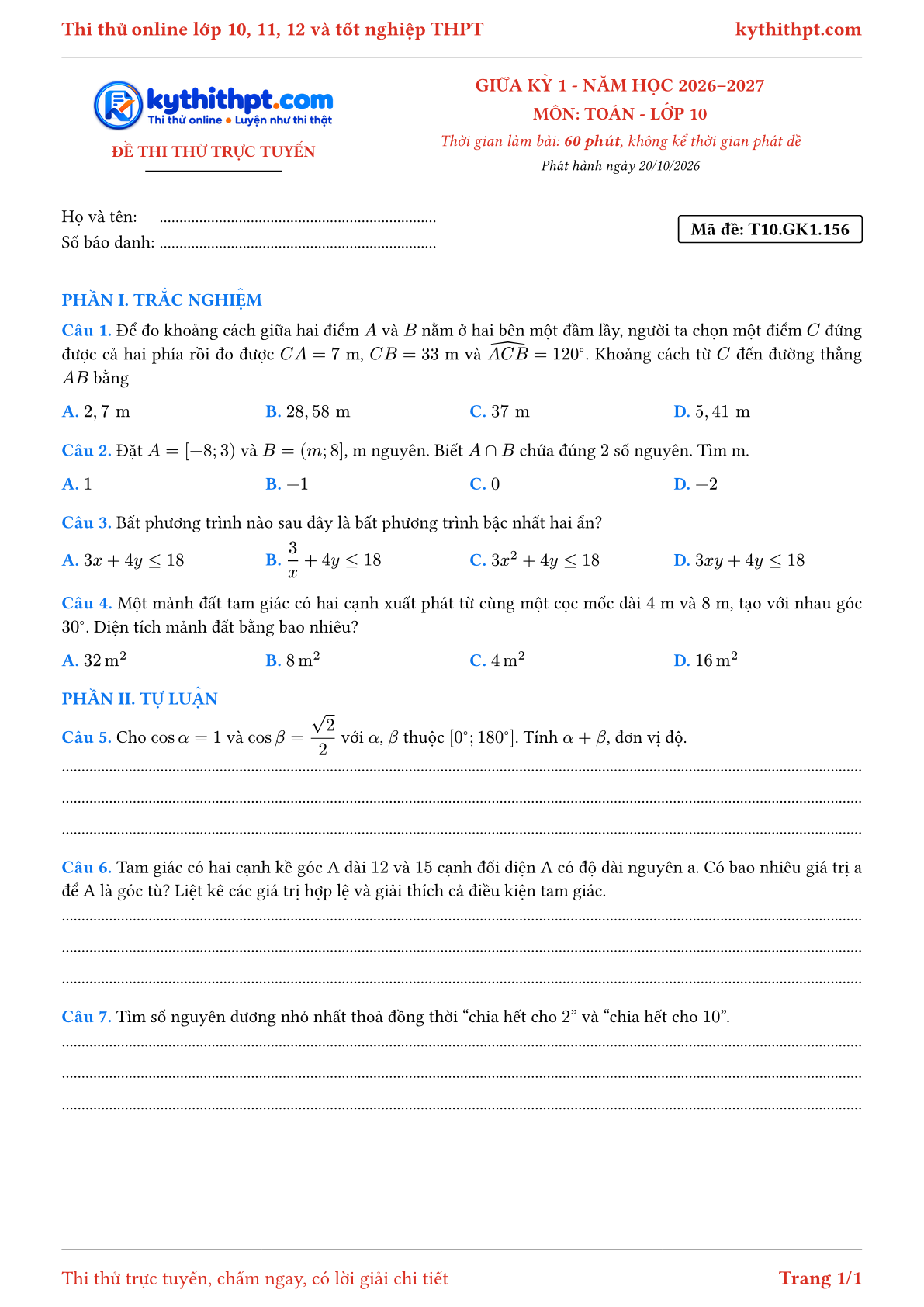 Trang đầu Đề thi thử online giữa kỳ 1 môn Toán lớp 10 - trắc nghiệm + tự luận nâng cao - đề 156