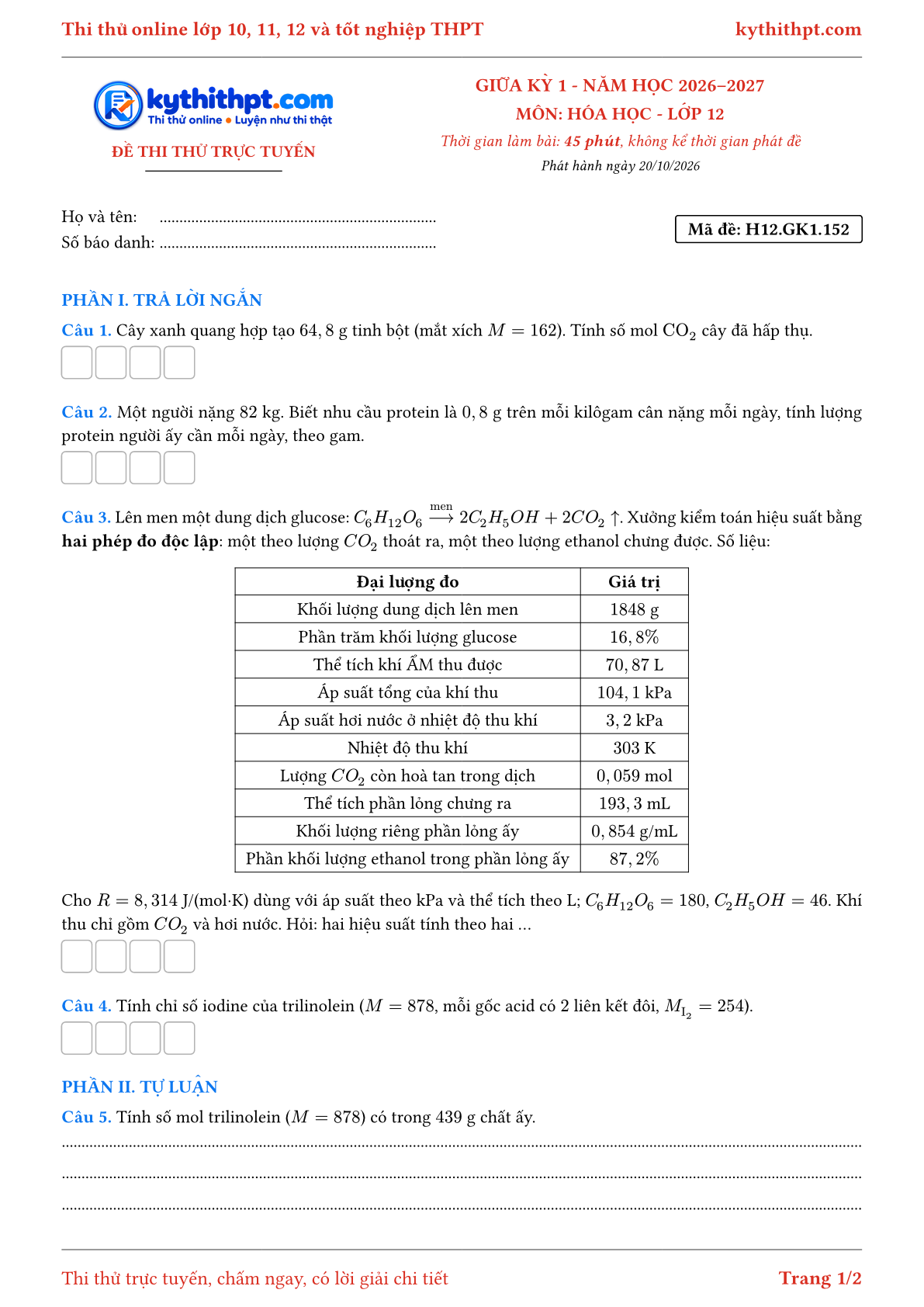 Trang đầu Đề thi thử online giữa kỳ 1 môn Hóa học lớp 12 - trả lời ngắn + tự luận - đề 133