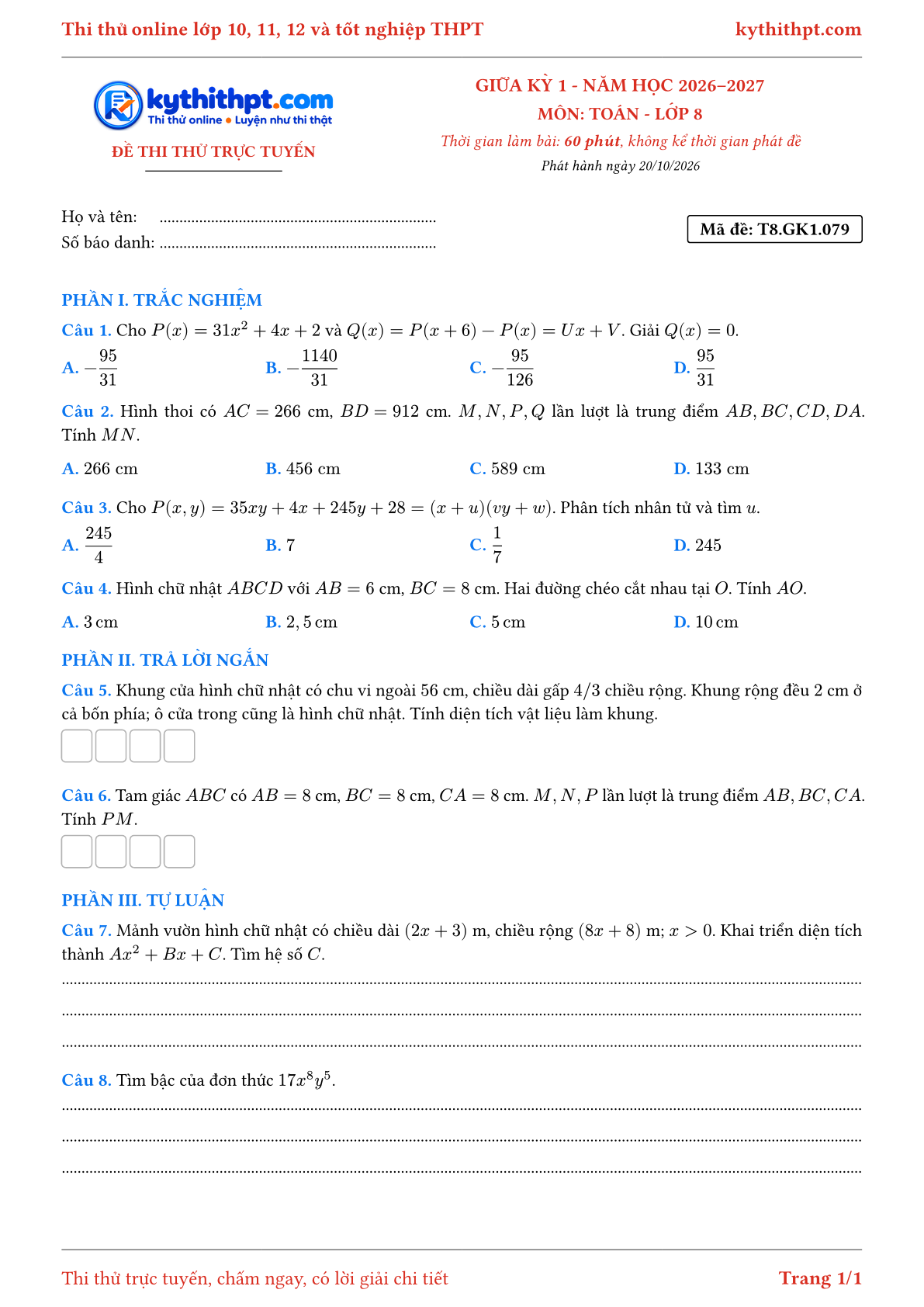 Trang đầu Đề thi thử online giữa kỳ 1 môn Toán lớp 8 - trắc nghiệm + trả lời ngắn + tự luận - đề 053