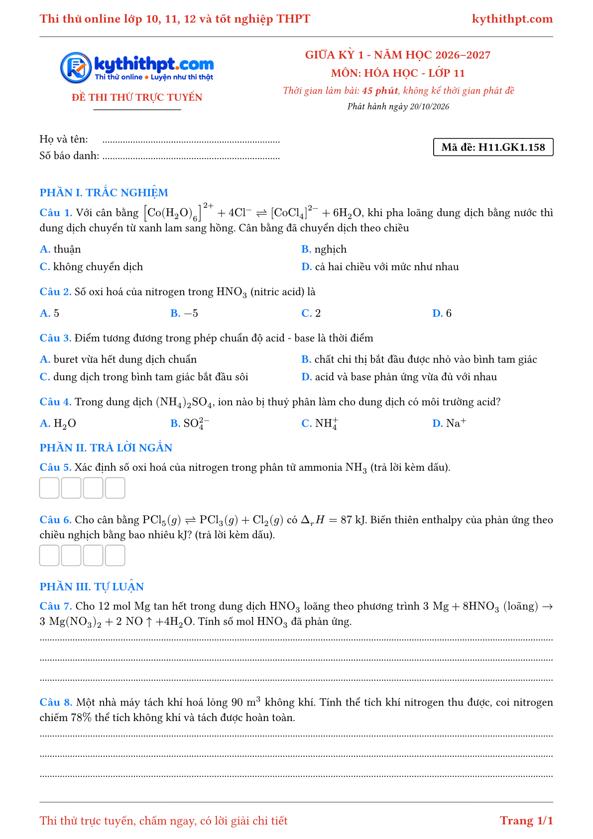 Trang đầu Đề thi thử online giữa kỳ 1 môn Hóa học lớp 11 - trắc nghiệm + trả lời ngắn + tự luận - đề 077