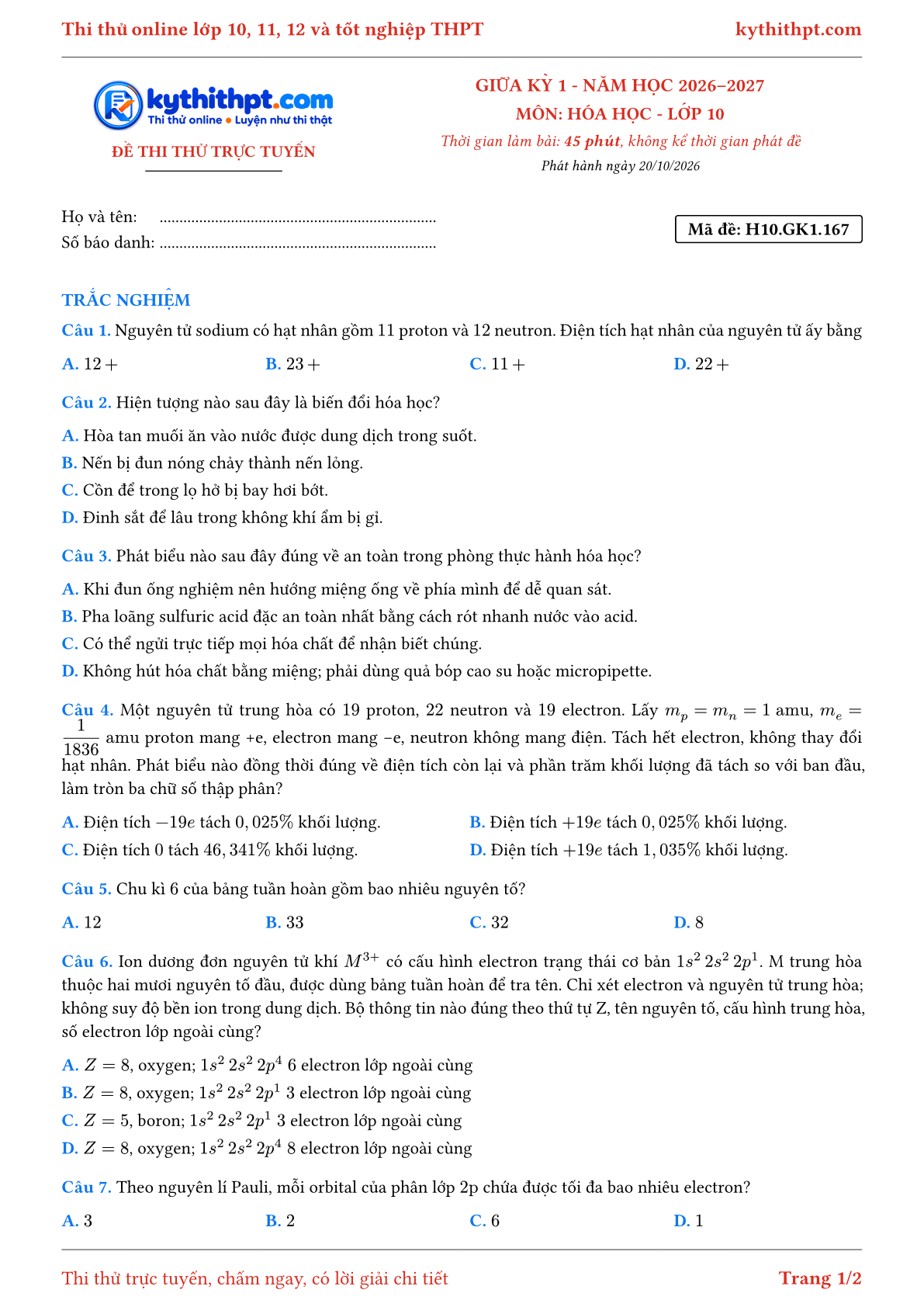 Trang đầu Đề thi thử online giữa kỳ 1 môn Hóa học lớp 10 - full trắc nghiệm - đề 031