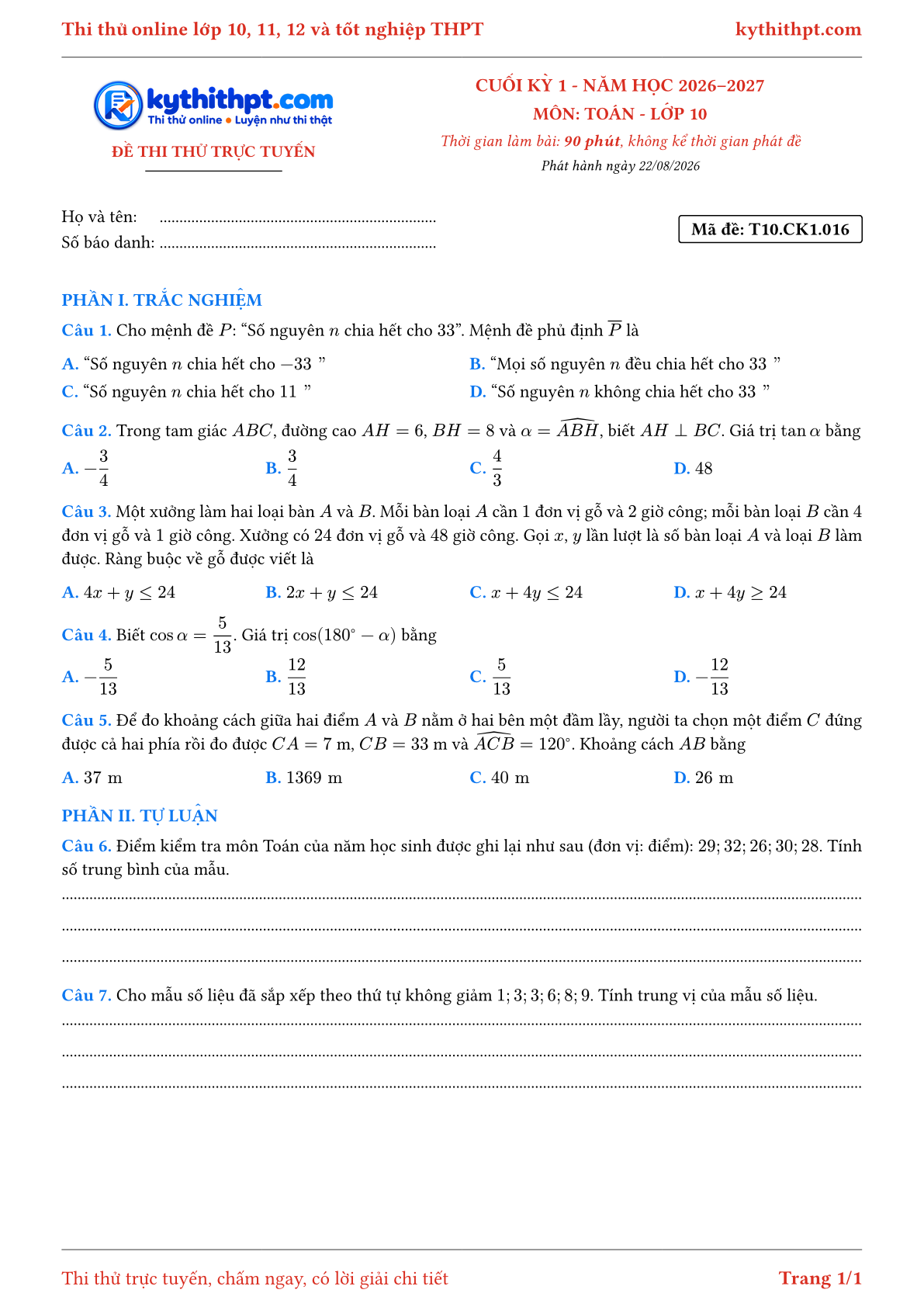 Trang đầu Đề thi thử online cuối kỳ 1 môn Toán lớp 10 - trắc nghiệm + tự luận - đề 016