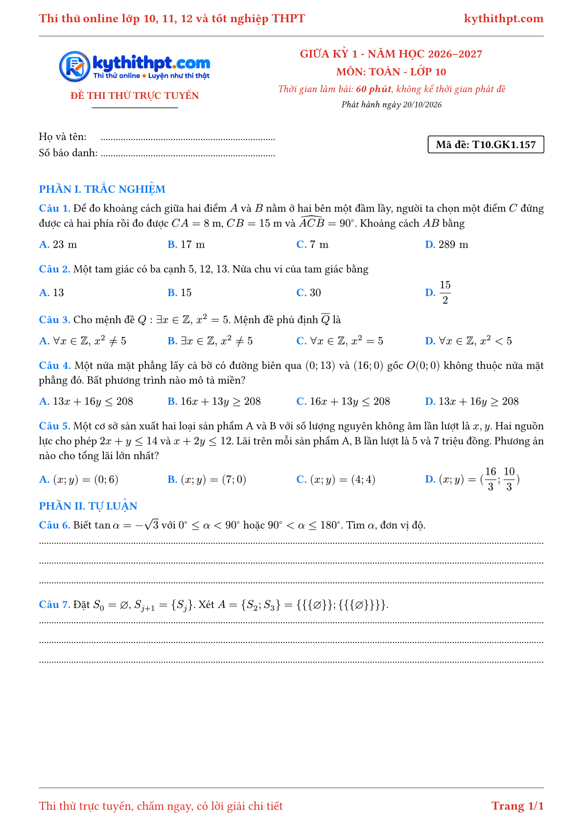 Trang đầu Đề thi thử online giữa kỳ 1 môn Toán lớp 10 - trắc nghiệm + tự luận - đề 157
