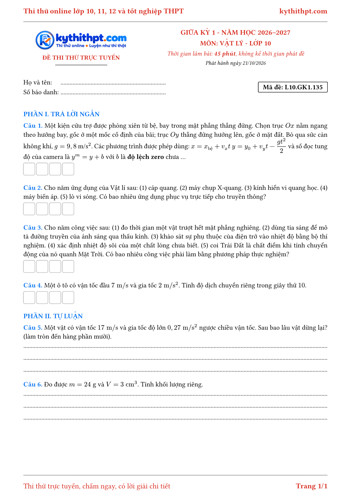 Trang đầu Đề thi thử online giữa kỳ 1 môn Vật lý lớp 10 - trả lời ngắn + tự luận - đề 141