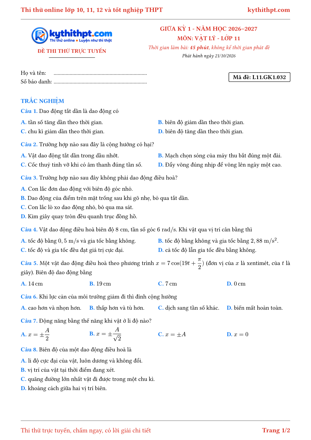 Trang đầu Đề thi thử online giữa kỳ 1 môn Vật lý lớp 11 - full trắc nghiệm - đề 032