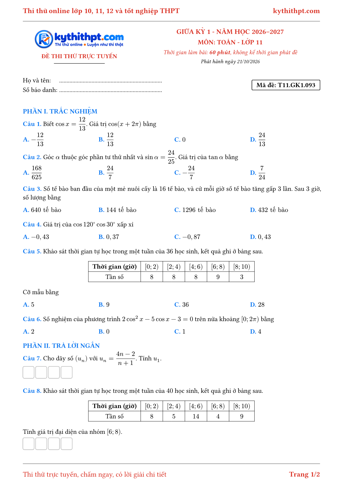 Trang đầu Đề thi thử online giữa kỳ 1 môn Toán lớp 11 - trắc nghiệm + trả lời ngắn - đề 095