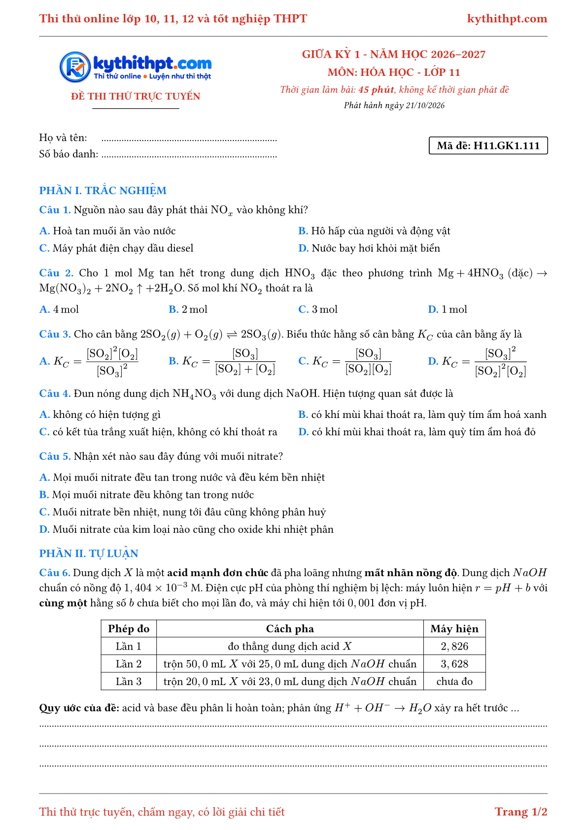Trang đầu Đề thi thử online giữa kỳ 1 môn Hóa học lớp 11 - trắc nghiệm + tự luận - đề 115