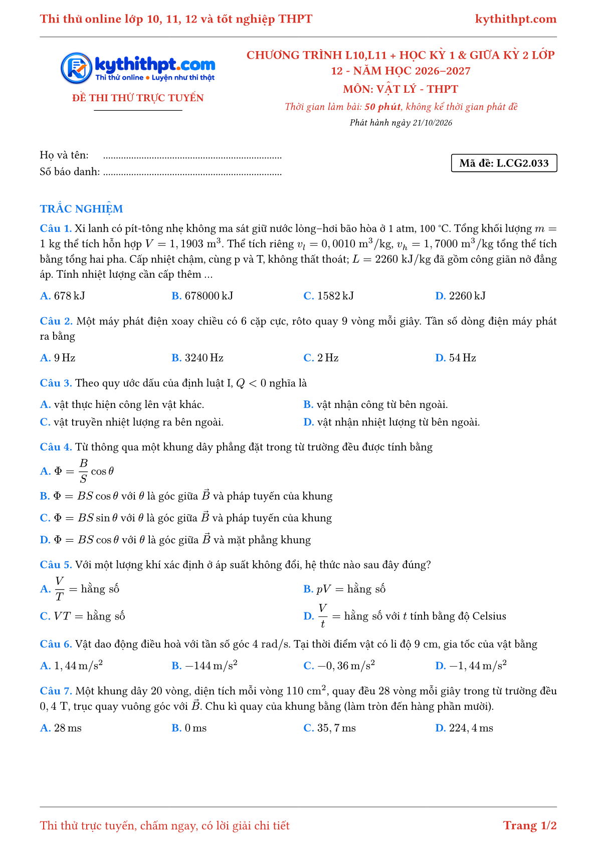 Trang đầu Đề thi thử online môn Vật lý theo chương trình lớp 10, 11 và học kỳ 1, giữa kỳ 2 lớp 12 - ôn luyện trắc nghiệm - đề 033